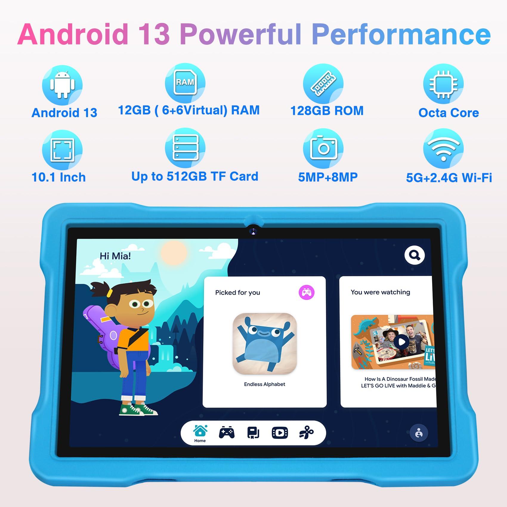 2024 Tablet 10 inch Tablets for Kids 12GB RAM 128GB ROM with Shockproof Case, Kids Space Parental Control, 6000mAh Battery, 5G/2.4G WiFi, 1280 x 800 HD Touchscreen, Bluetooth, GPS, Android 13 (Blue) - Image 3
