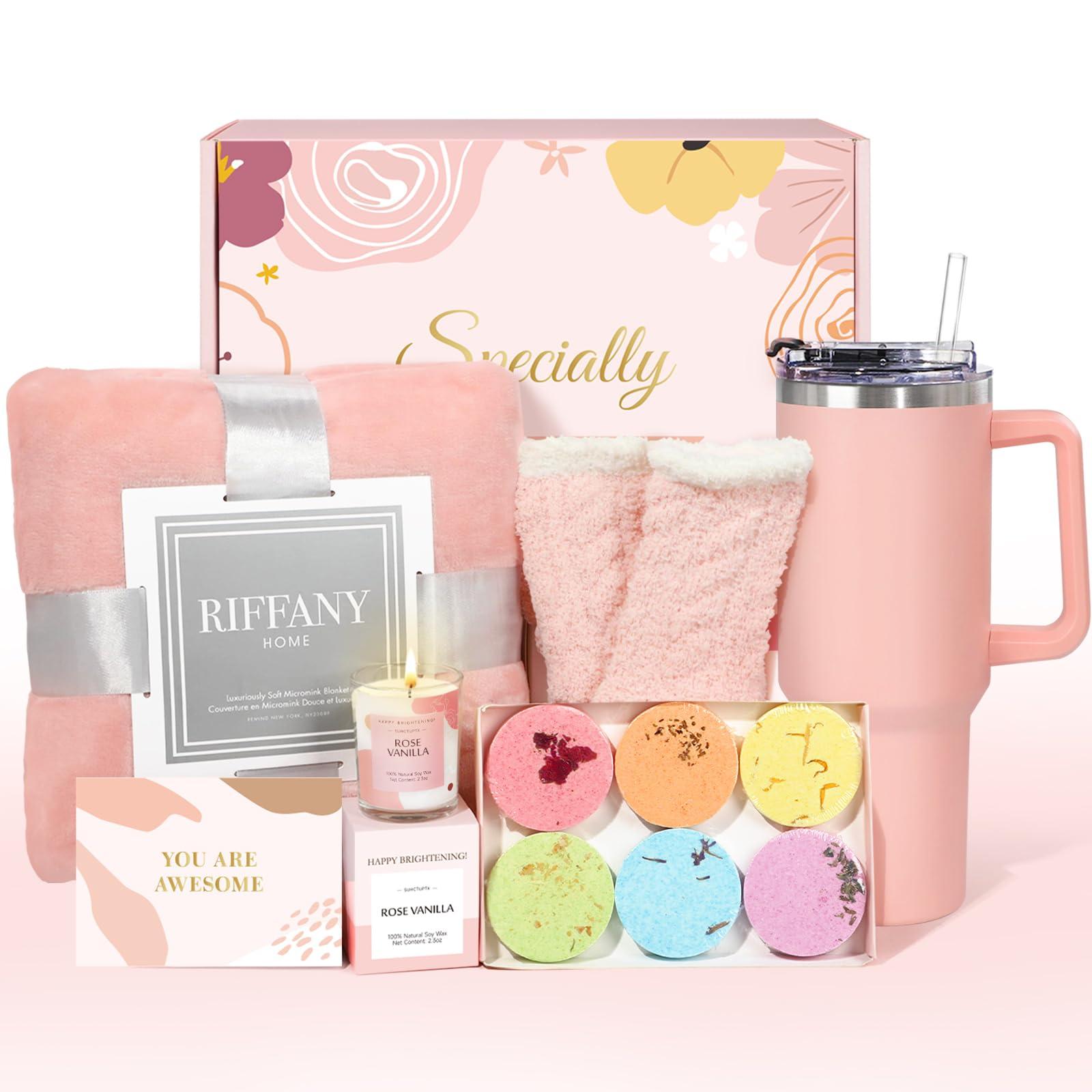 Self Care Gifts for Women, Unique Birthday Gifts for Women, Relaxing Spa Set Get Well Soon Basket Care Package with 300GSM Blanket 40oz Tumbler for Mom Best Friend Sister