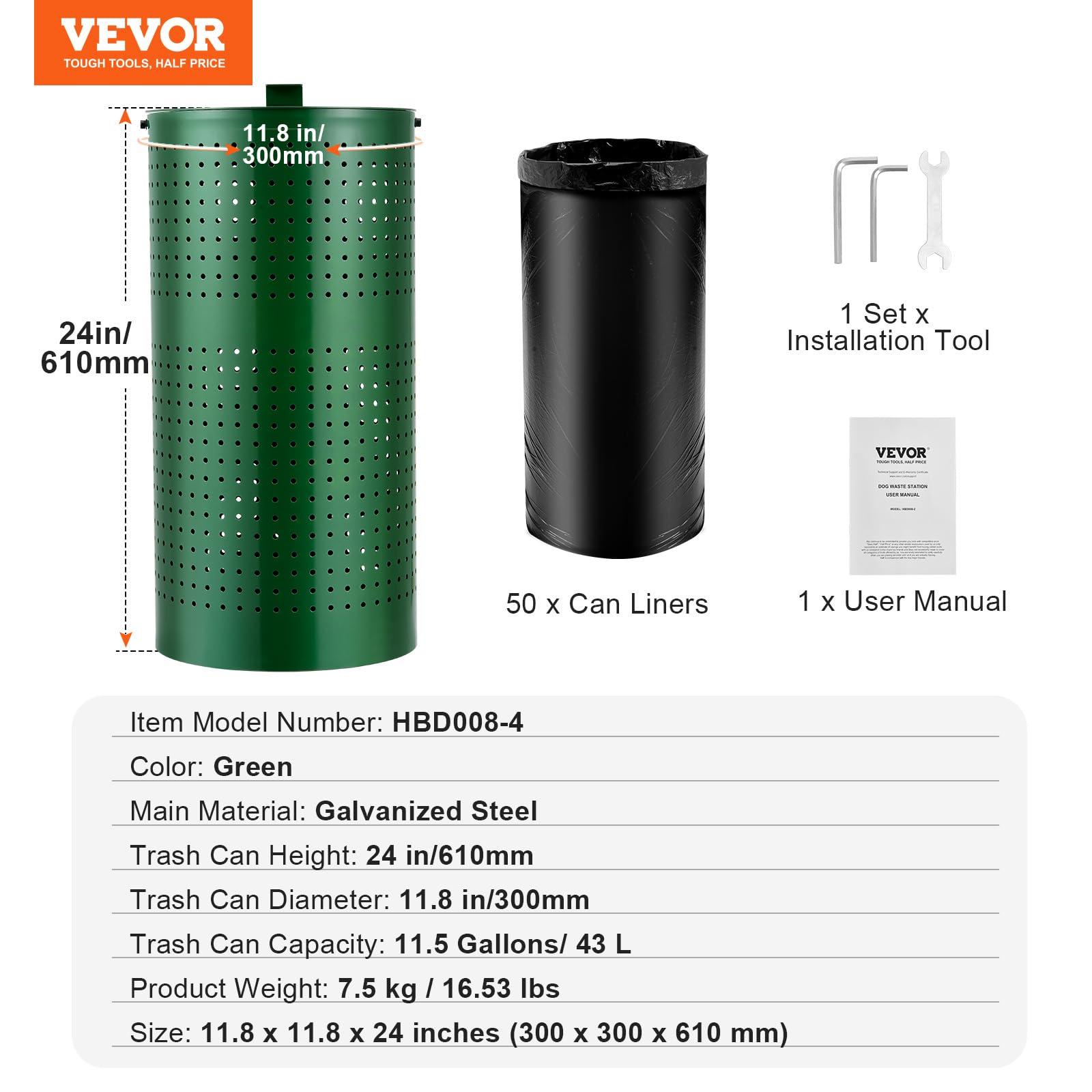 VEVOR Dog Poop Trash Can With 50 Liner Bags, 11.5 Gallons Outdoor Waste Bin With Lid & Liner Clip for Pet Waste Station, Disposal Container for Garden Backyard Park - Image 9