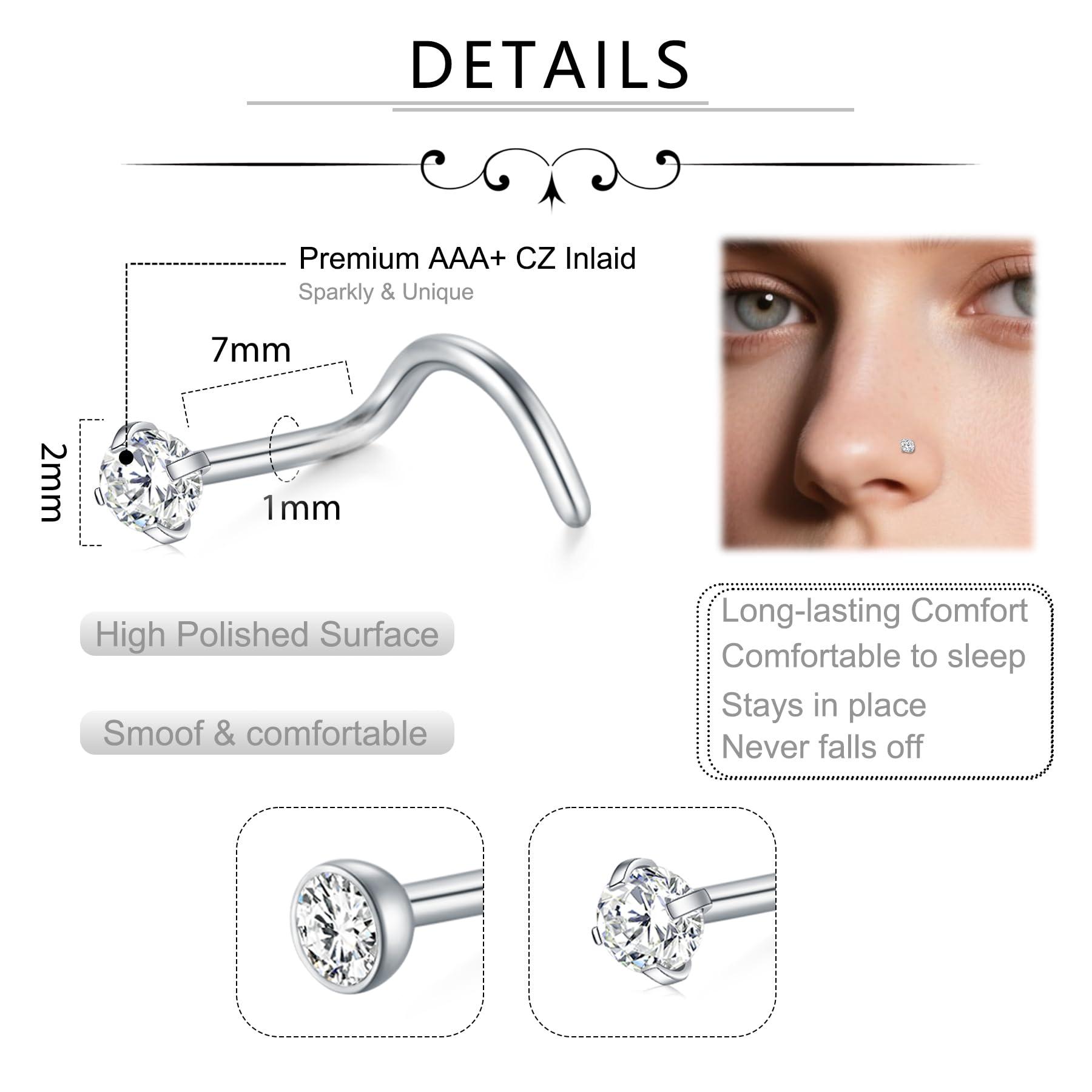 D.Bella Nose Rings 10Pcs 18G Nose Screw Rings Studs Surgical Steel Piercing Jewelry 2mm Clear CZ Silver - Image 2
