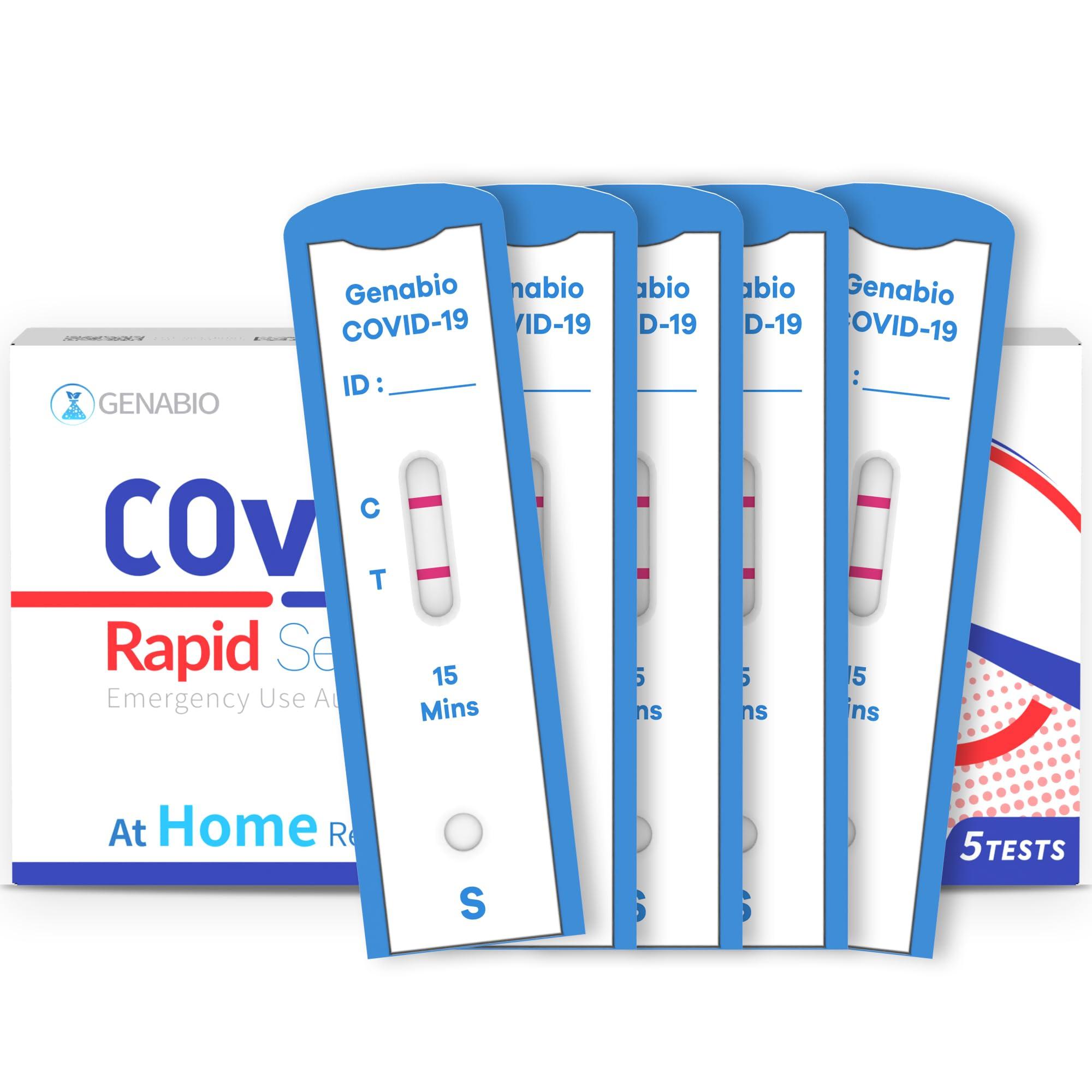 Genabio COVID-19 Antigen Rapid Test Kit (5 Pack), FDA EUA Authorized OTC at-Home Self Test, FSA/HSA Eligible, 15 Min Results, Non-invasive Nasal Swab, Easy to Use, No Discomfort (1 Pack, 5 Tests)
