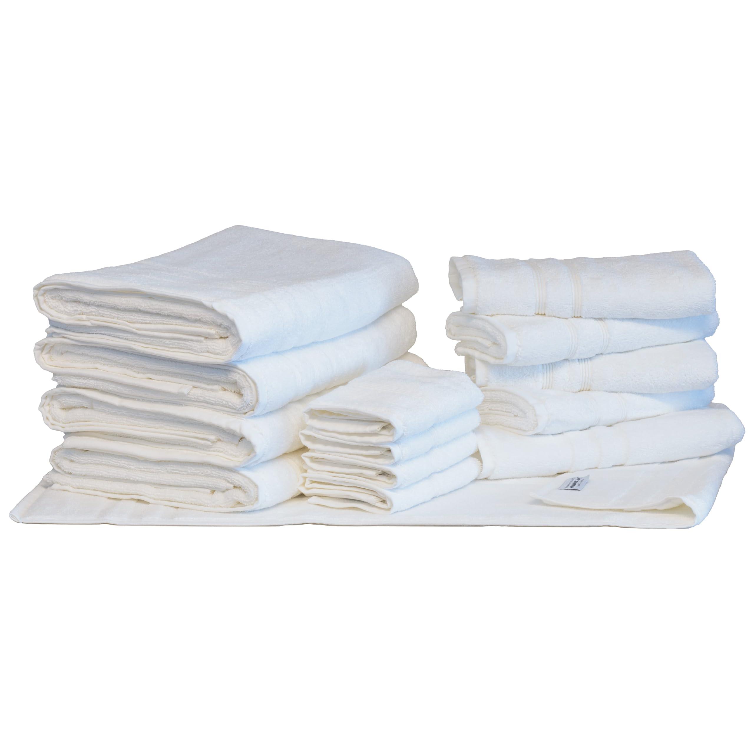 Mosobam Luxury Turkish 14pc Deluxe Bath Bundle Body Hand Face Towel and Mat White 700 GSM & 1000 GSM Bamboo Viscose & Aegean Turkish Combed Cotton