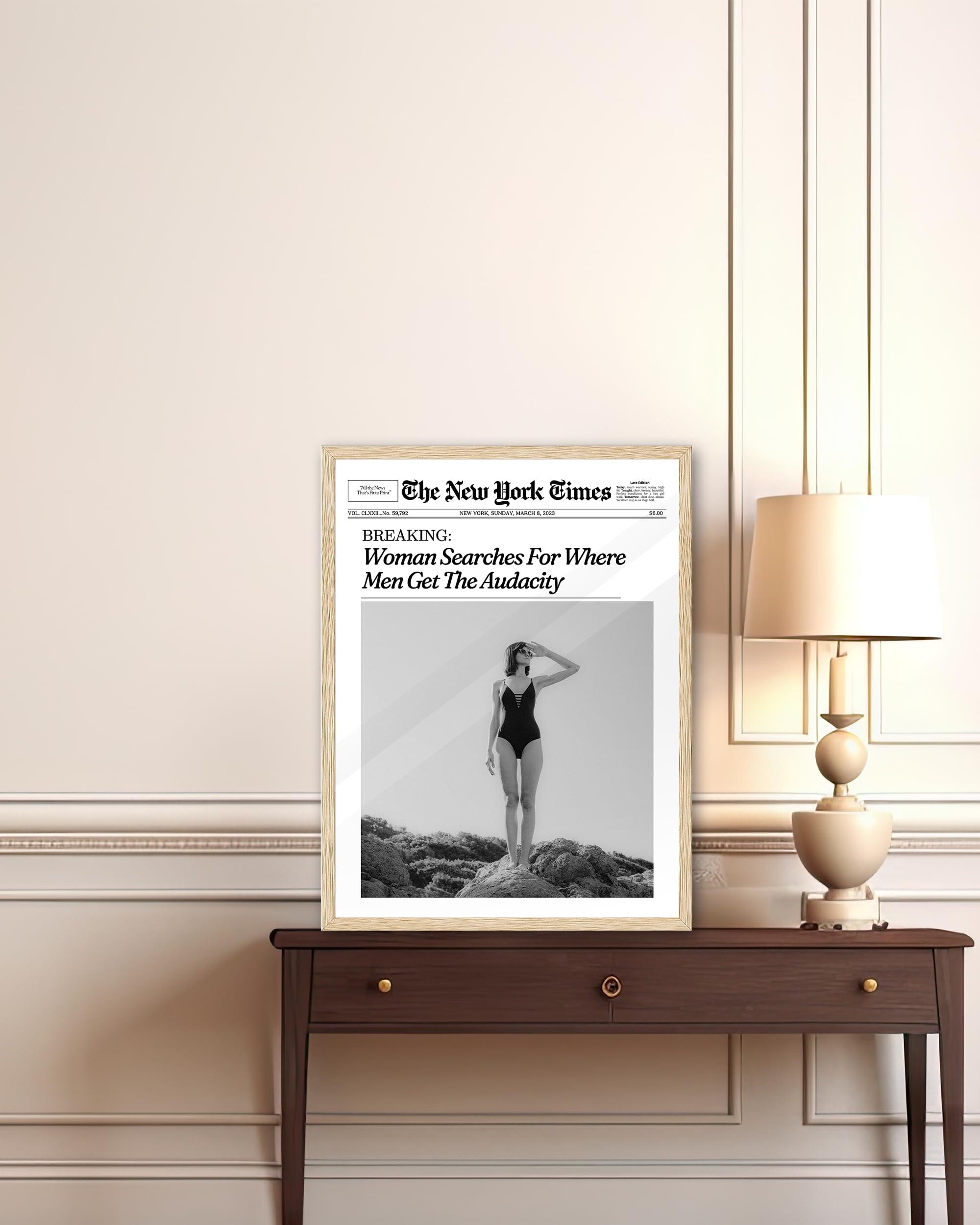 iHery Framed Trendy NewsPaper Wall Art,12x16in Canvas Wall Art,Beige Oak Wood Frame,Retro Vintage New York Magazine Headline News,Woman Searches For Where Men Get The Audacity,Bedroom Décor 1Pack - Image 3