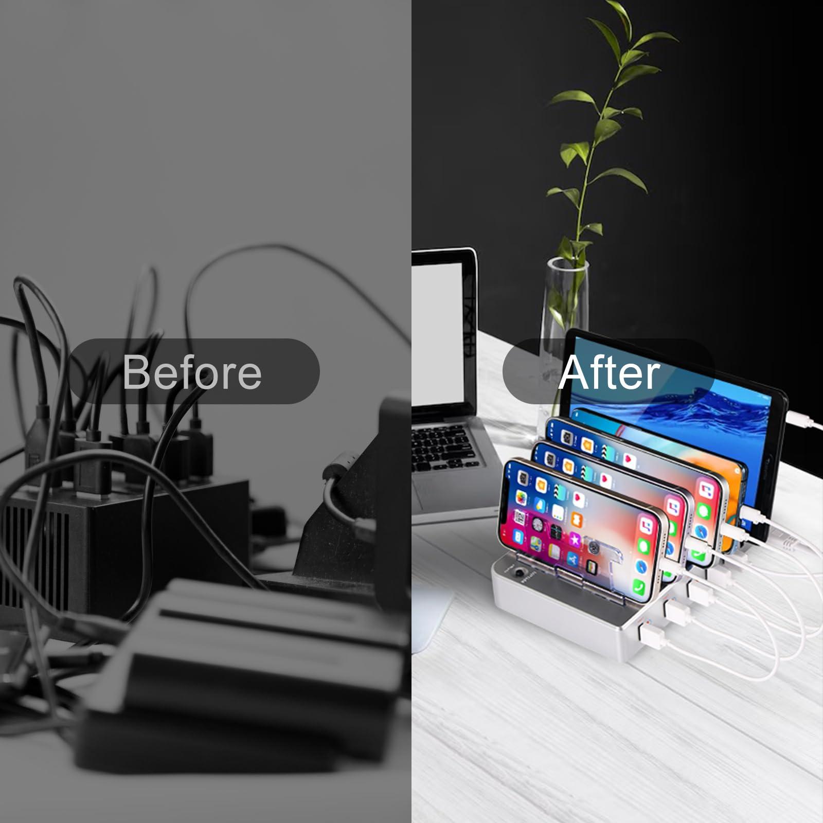Charging Station for Multiple Devices, 6 Ports USB Multi Devices Charger Fast Cell Phone Charging Station for iPhone iPad Tablets (Silver, 6 Mixed Cables Included) - Image 6