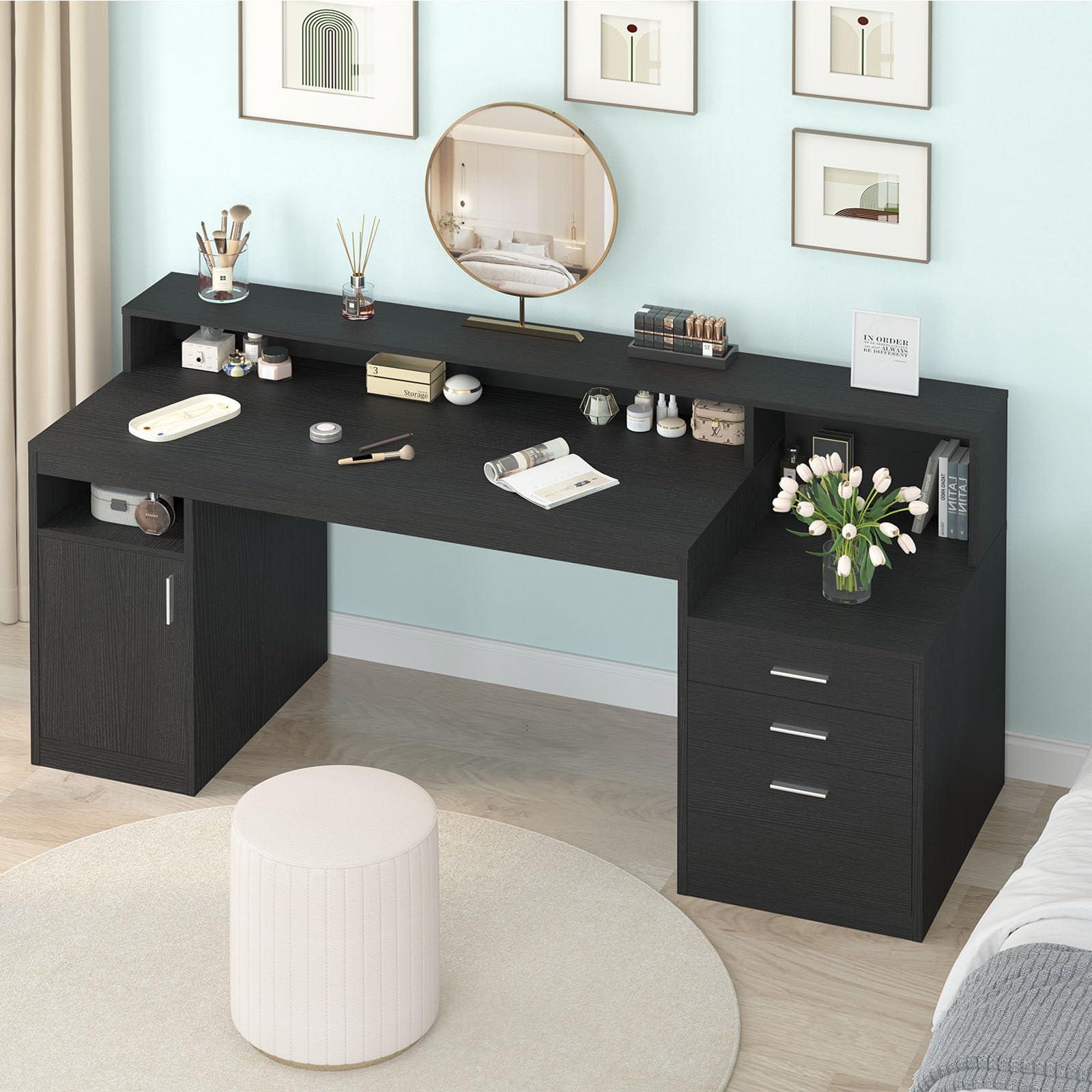 YOMILUVE Computer Desk with 3 Drawer & Storage Shelves, Home Office Desk with File Drawer & Cabinet, Writing Study Table with Long Monitor Stand & Printer Shelf, Executive Desk, Black - Image 7