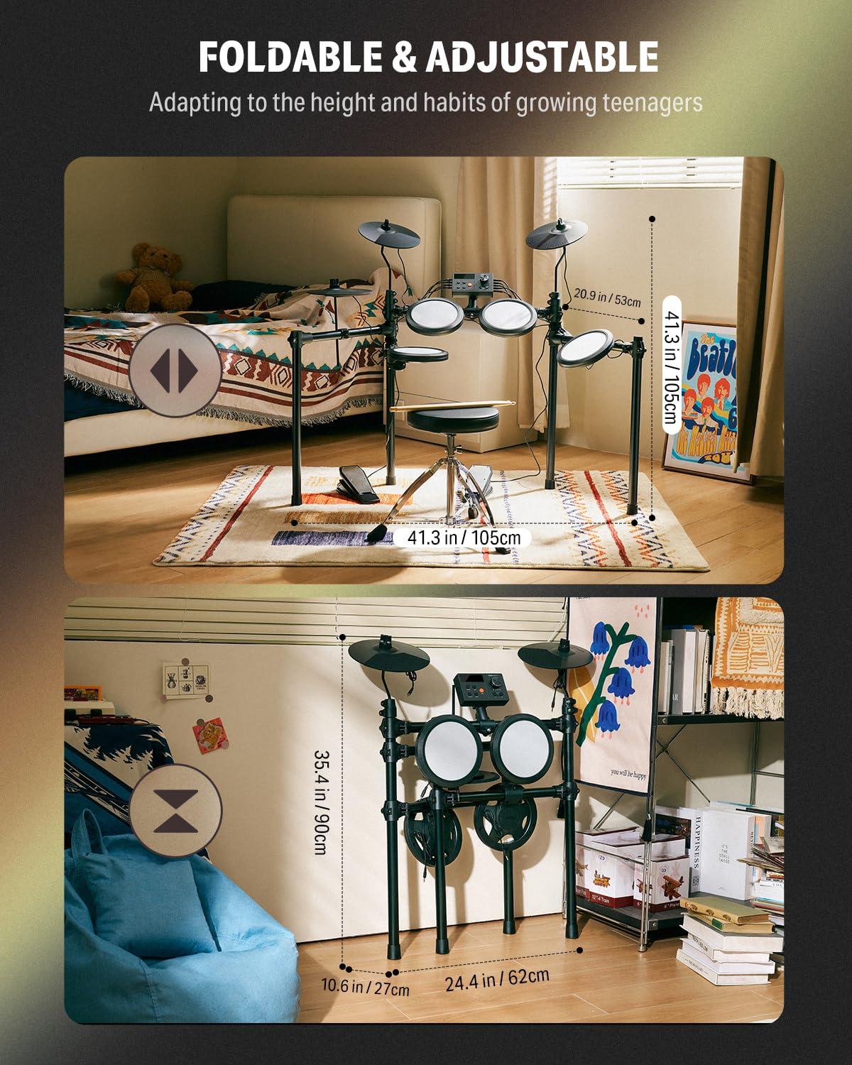 Donner Electric Drum Set, DED-70 Electronic Drum Kit for Beginner with 150 Sounds, 4 Quiet Mesh Pads, 9" Cymbals, USB MIDI, Type-C Charging, 2 Pedal, Throne, Headphones, Sticks, Melodics Lessons - Image 7