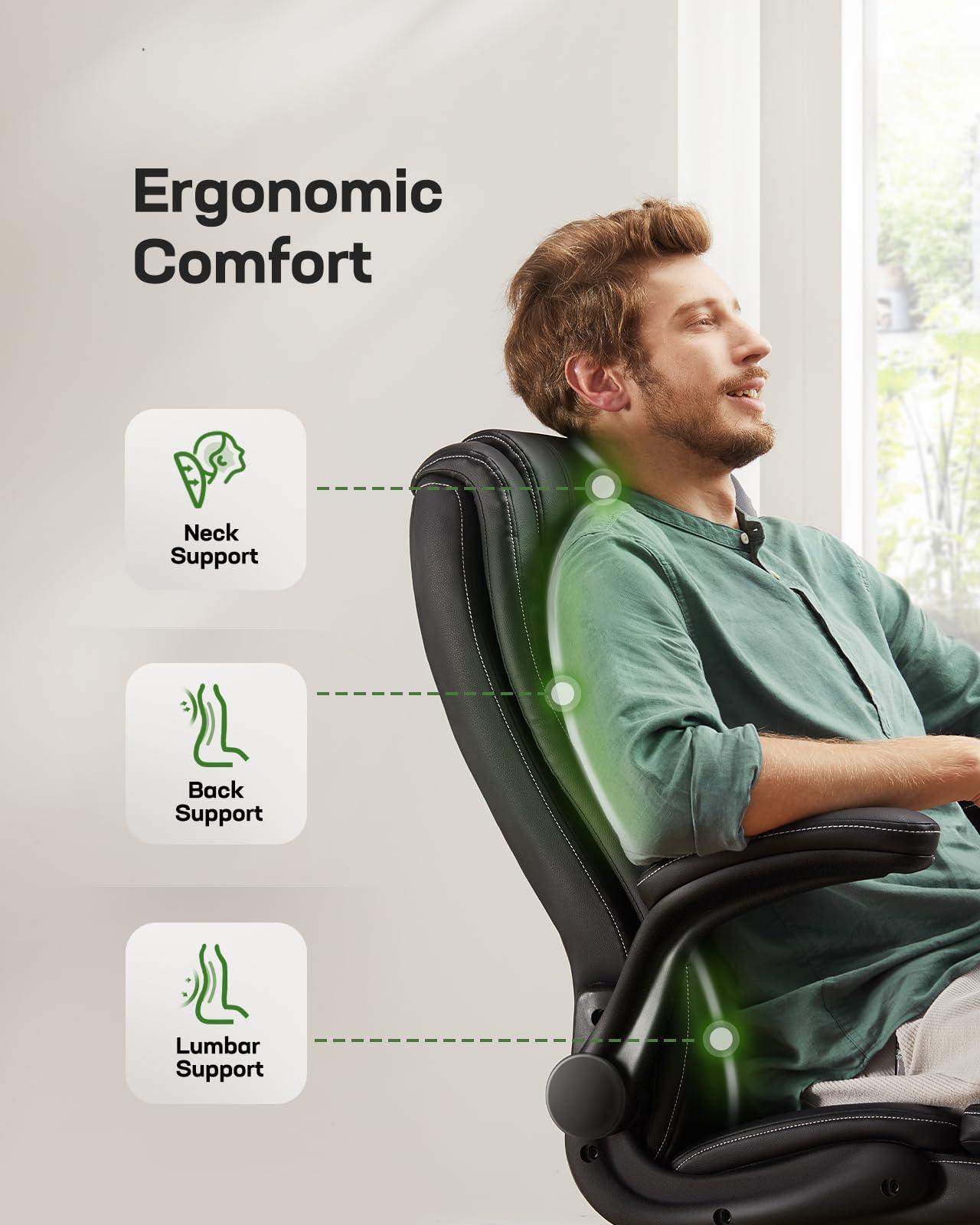 Marsail Executive Office Chair with Flip-up Armrests,PU Leather Ergonomic Desk Chair Height-Adjustable Swivel Rolling Computer Desk Chair,Black - Image 4