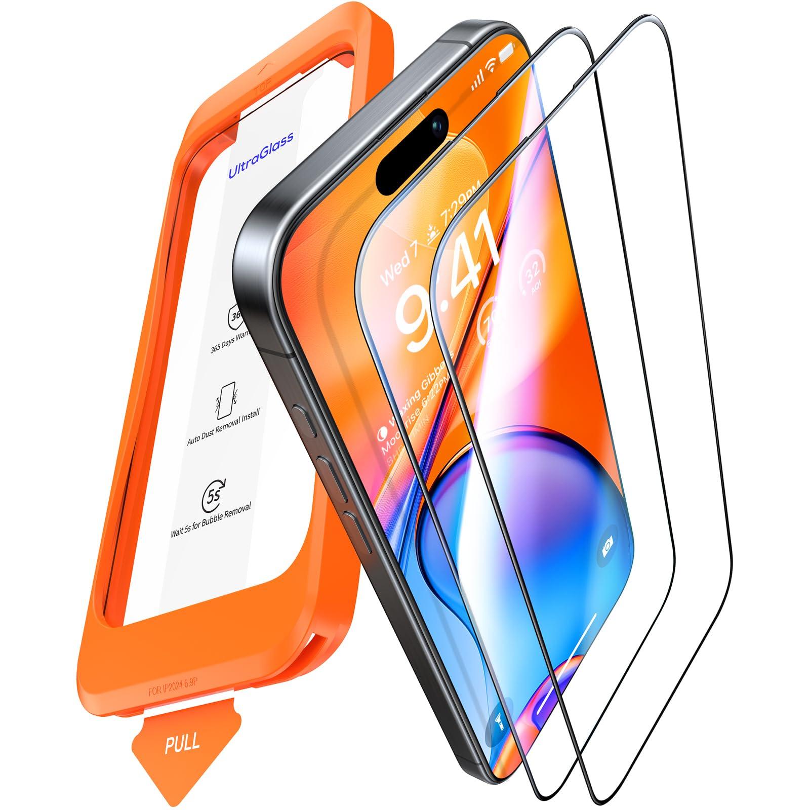 UltraGlass 9H+ Glass for iPhone 15 Pro Max Screen Protector [Military Grade Shatterproof & Longest Durable] Screen Protector 15 Pro Max Tempered Glass Full Coverage Protection, 2 Packs