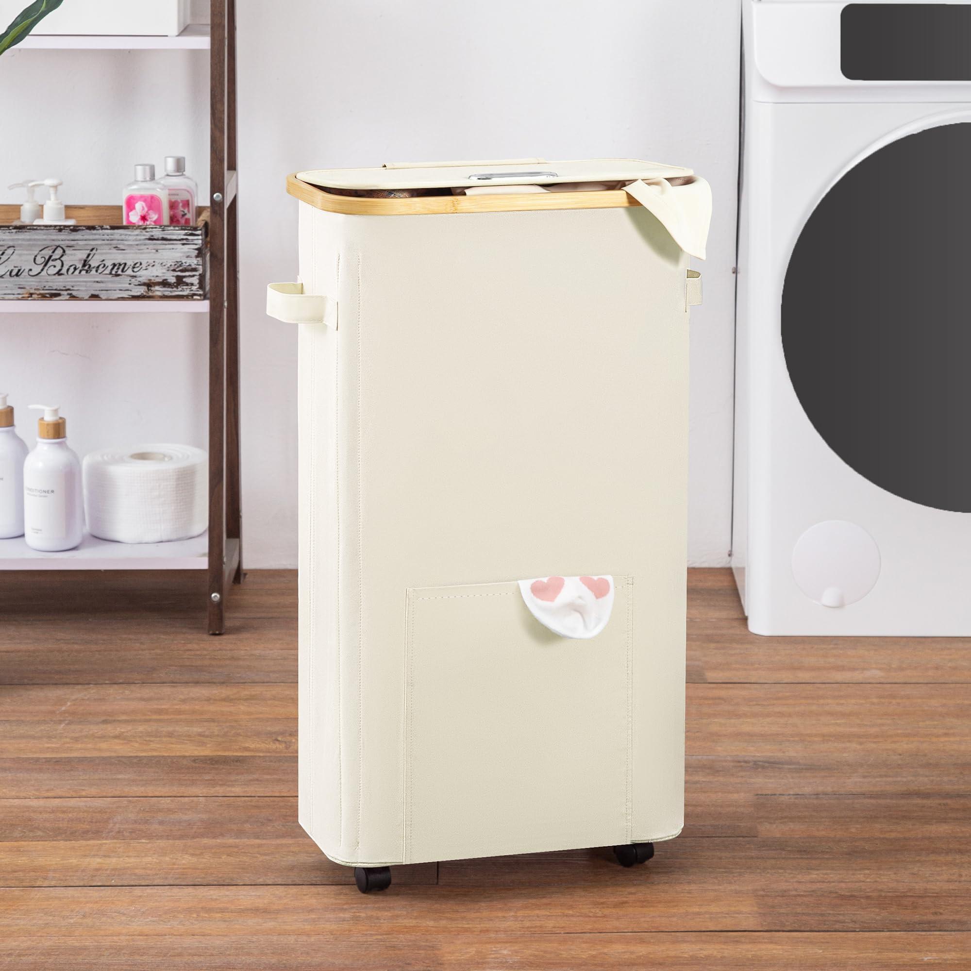 Vincona Slim Laundry Basket with Wheels, Tall Dirty Clothes Hamper on Wheels, Narrow Rolling Laundry Hamper with lid for Dorm, Bedroom and Bathroom, 65L Beige - Image 2