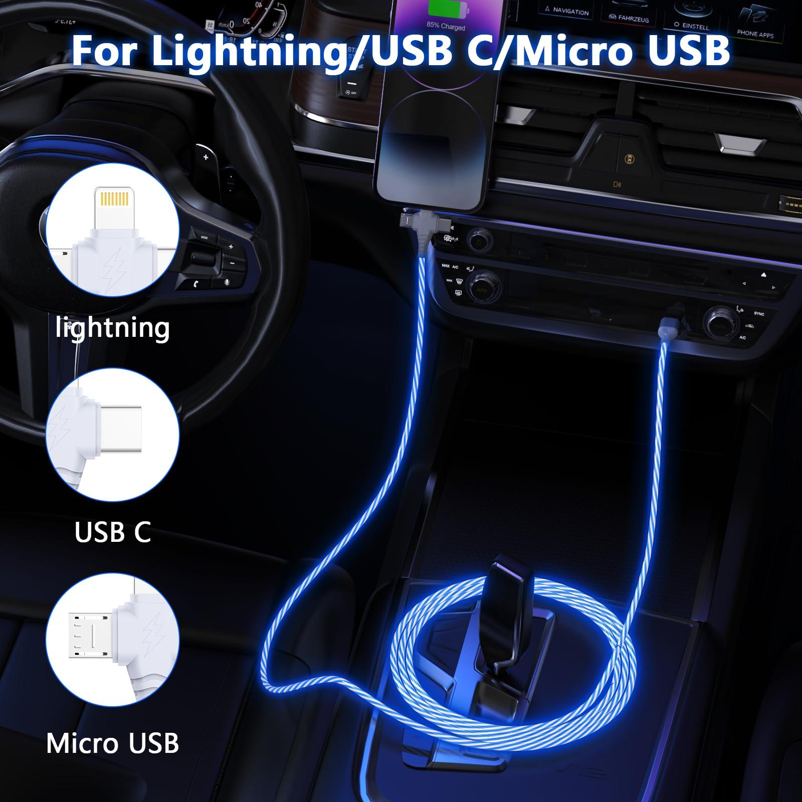 3-in-1 LED Light Up Flowing Multi iPhone Charger Cable,Lightning/Type C/Micro USB Car RGB Glowing Connector Cord for Apple iPhone 15/14/13/12/11 Pro Max/XR/XS/SE,iPad/Android/Samsung(6.6FT/2M Blue) - Image 7
