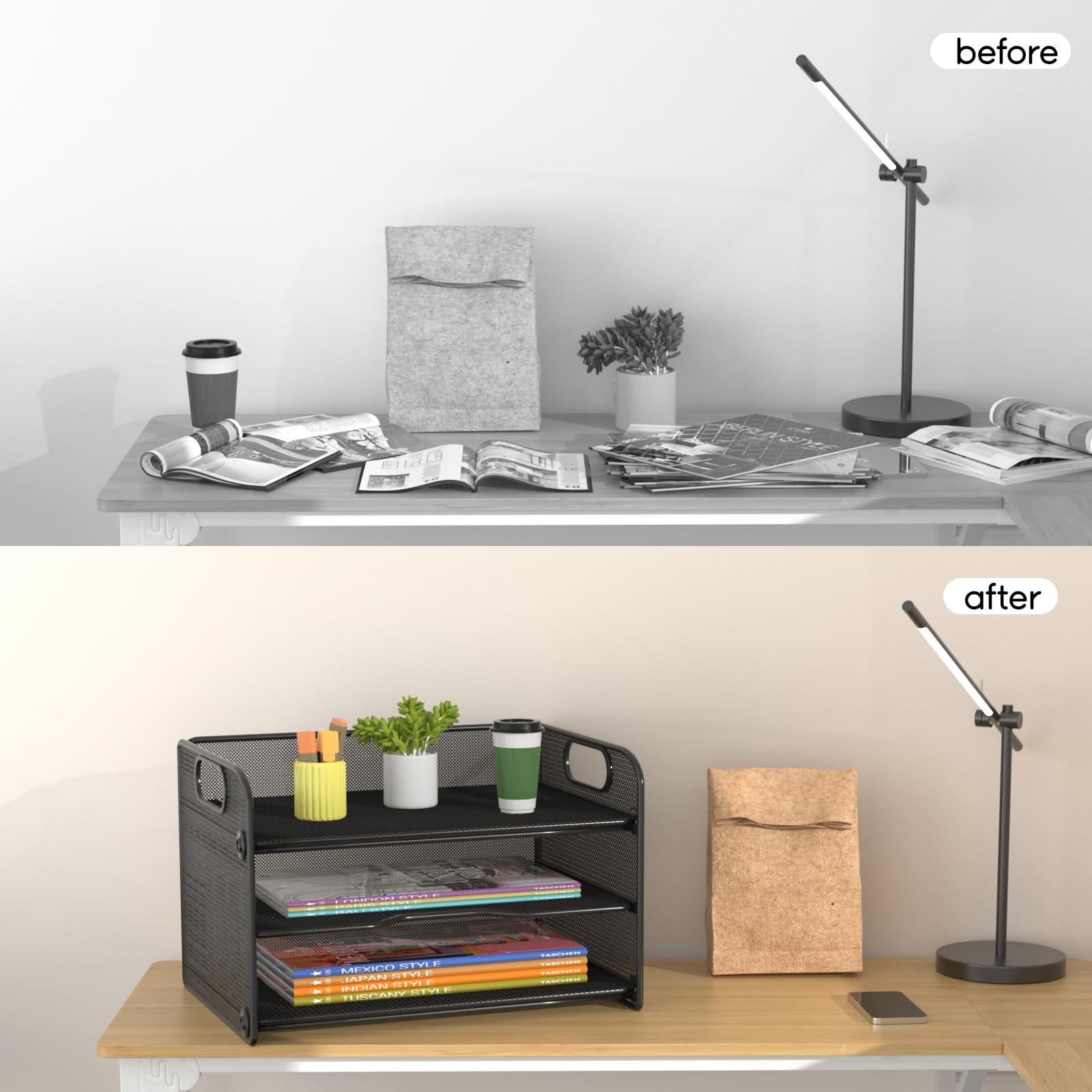 Samstar 3 Tier Letter Tray Paper Organizer with Handle, Mesh Desk Organizer Paper Sorter File Rack Shelves, Black - Image 6