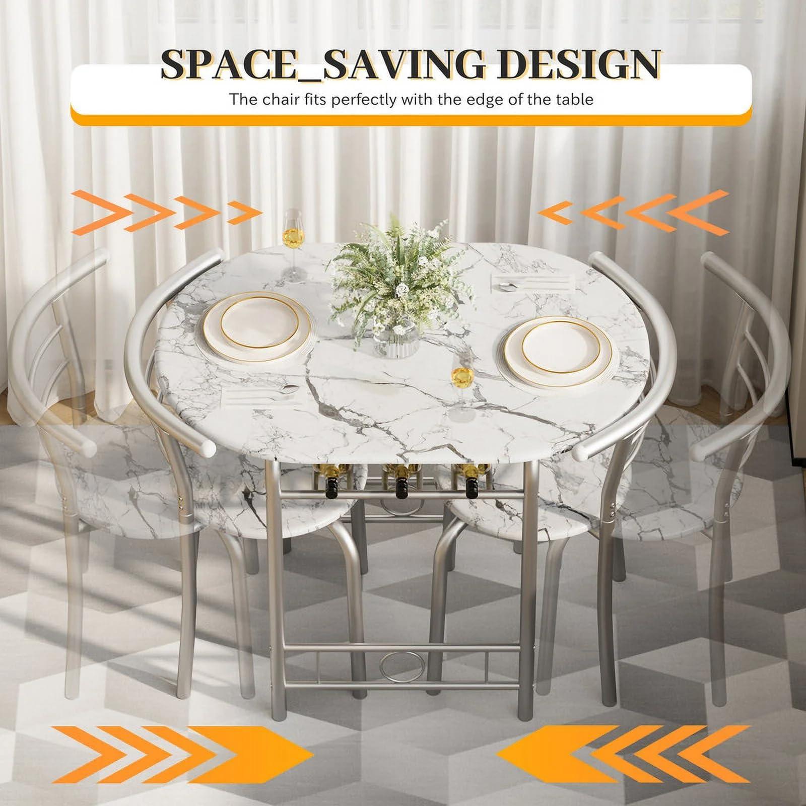 Shahoo 3-Piece Wooden Dining Table Set, Kitchen Breakfast Nook Sets with 2 Chairs & Round Tabletop, Space Saving Furniture Metal Frame and Built-in Wine Rack, Marble White - Image 7