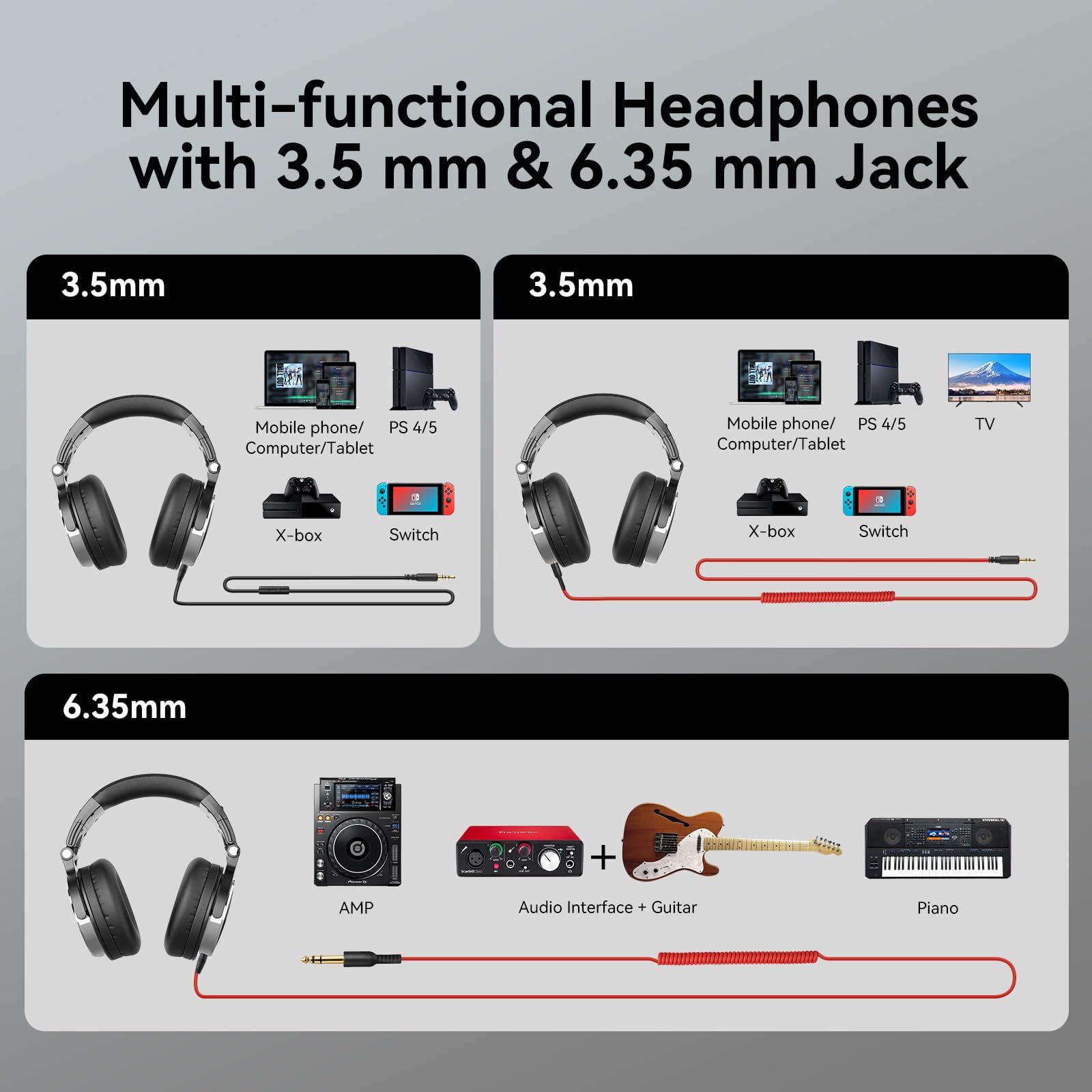 OneOdio Wired Over Ear Headphones Hi-Res Studio Monitor & Mixing DJ Stereo Headsets with 50mm Drivers and 1/4 to 3.5mm Jack for AMP Computer Recording Podcast Keyboard Guitar Laptop - Black - Image 3