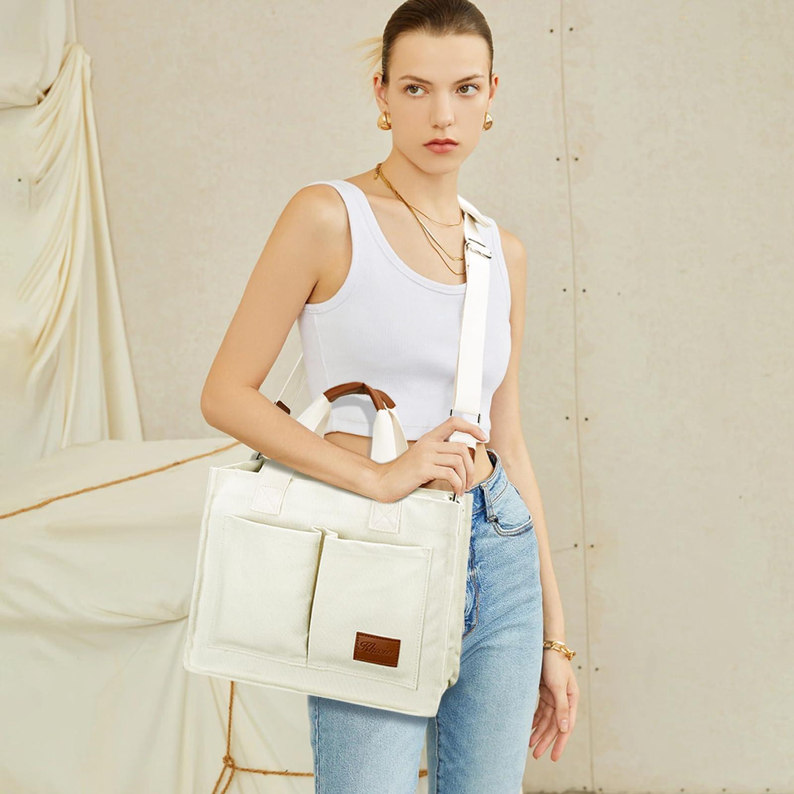 KKXIU Large Canvas Tote Bag for Women with Zipper and Compartments Crossbody Work Bible Messenger Purse Bag With Pockets - Image 7