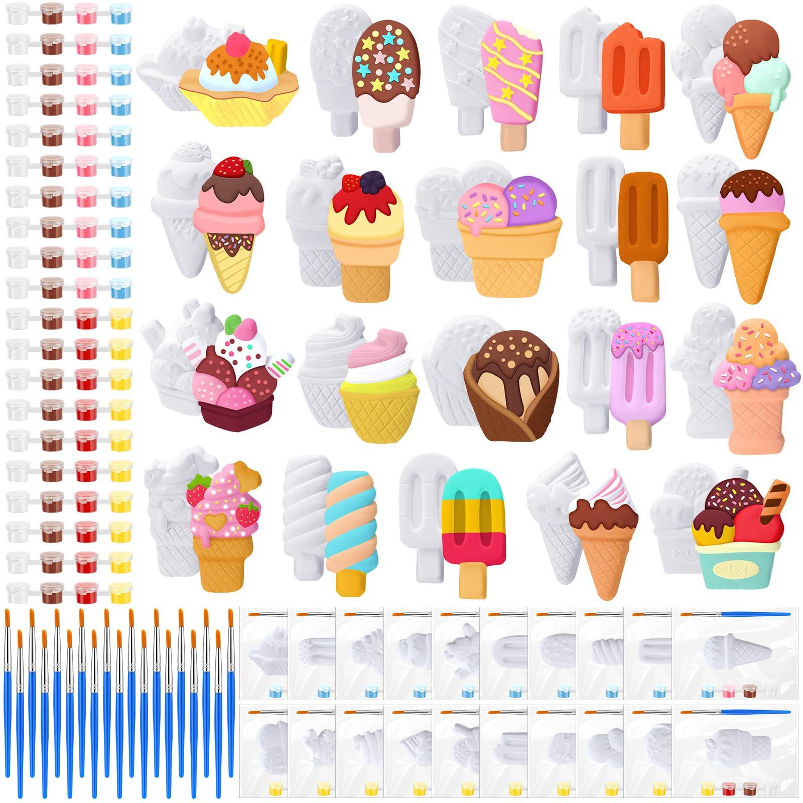 JellyArch 20 Set Ice Cream DIY Painting Kit Ceramic to Paint Your Own Ice Cream Statues Unpainted Plaster Figurines Brushes Acrylic Paints Bags Party Favor for Adults