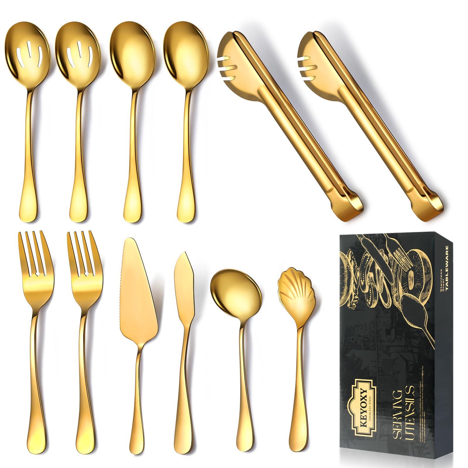 Keyoxy Gold Serving Utensils,12 Pcs Stainless Steel Serving Utensil with Serving Spoon,Slotted Spoons,Forks,Soup Ladle,Serving Tongs,Pie Server,Butter Knife Serving Utensils Set for Parties,Buffe