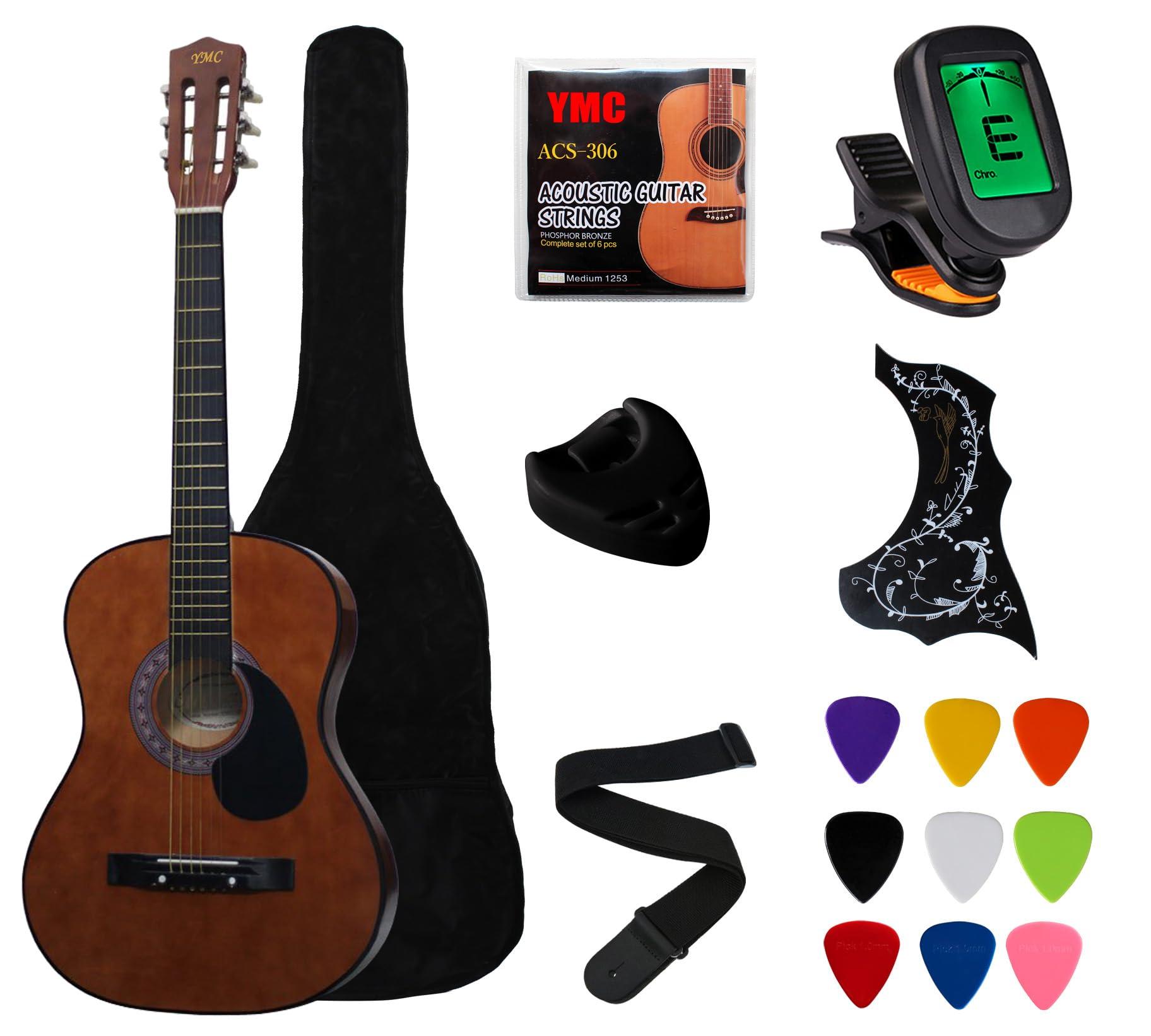 YMC 38" Coffee Beginner Acoustic Guitar Starter Package Student Guitar With Gig Bag,Strap, 3 Thickness 9 Picks,2 Pickguards,Pick Holder, Extra Strings, Electronic Tuner -Coffee
