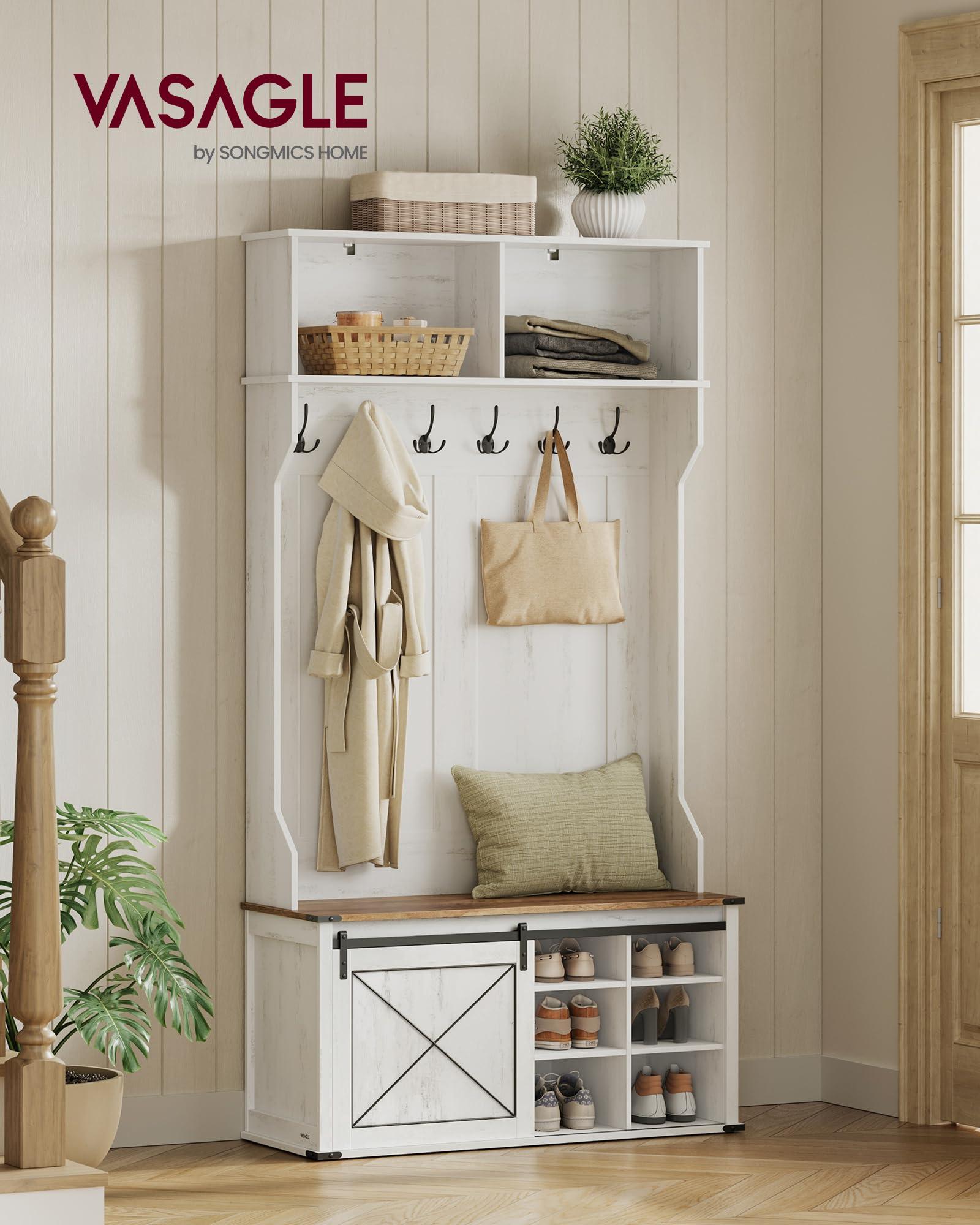 VASAGLE Hall Tree with Bench and Shoe Storage, Coat Rack with Shoe Bench, Entryway Furniture, 6 Tri-Hooks, Sliding Door, Farmfouse Style, Space Saving, Rustic White and Honey Brown UHSR442W01 - Image 2