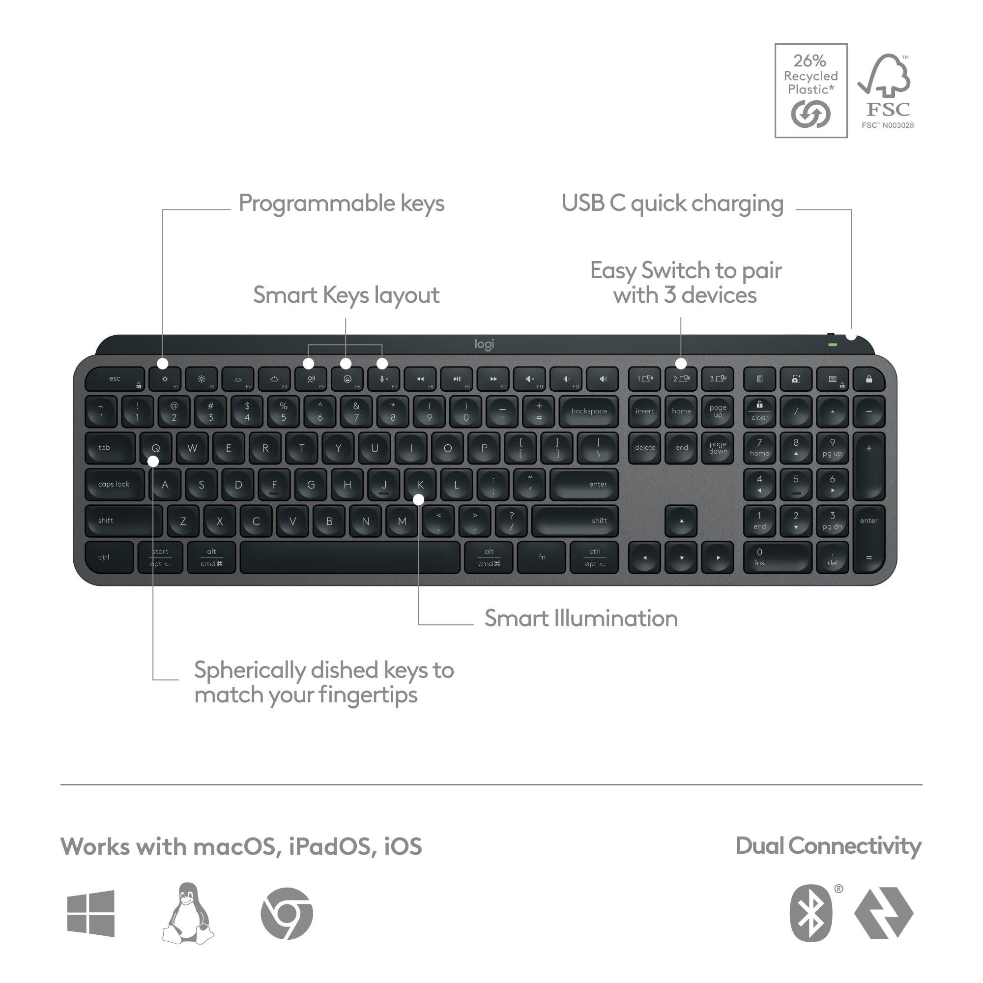 Logitech MX Keys S Wireless Keyboard, Low Profile, Fluid Precise Quiet Typing, Programmable Keys, Backlighting, Bluetooth, USB C Rechargeable, for Windows PC, Linux, Chrome, Mac - Graphite - Image 6