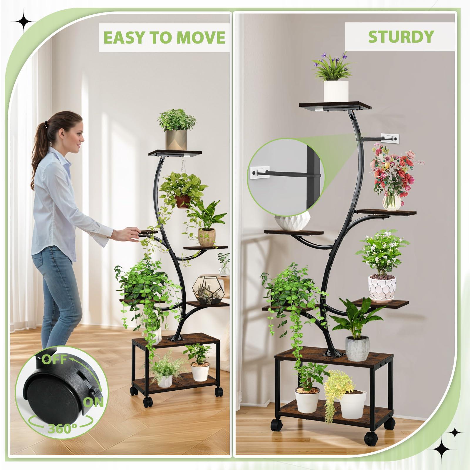 Plant Stand Indoor with Grow Lights, 62" Plant Stand with Locking Wheels, 7 Tiered Plant Shelf Adjustable Brightness with Remote Control, Metal Tall Plant Flower Holde for Living Room, Patio (Brown) - Image 4