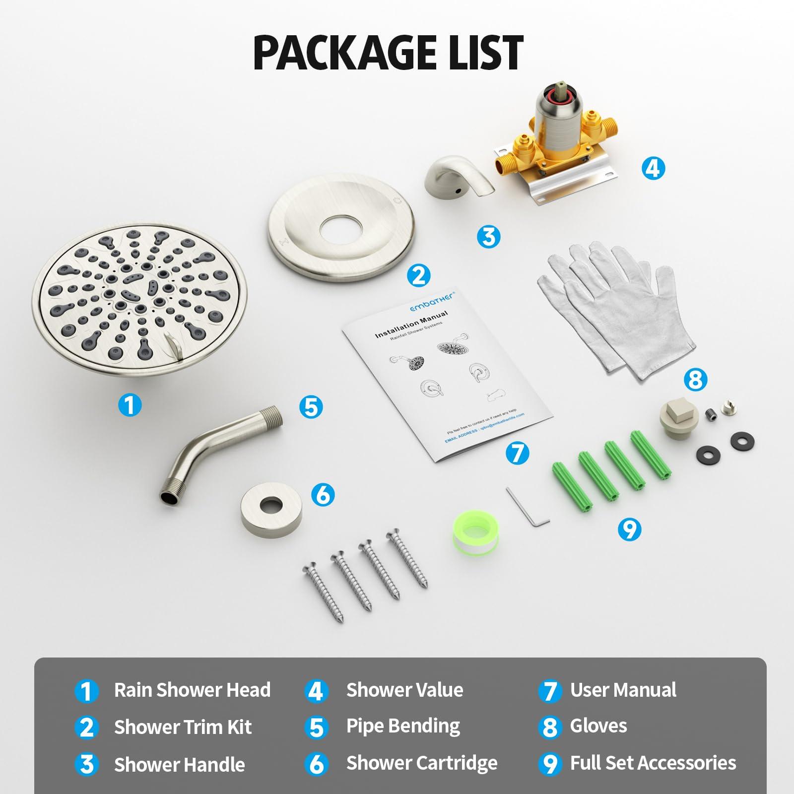 Brushed Nickel Shower Faucet Set, EMBATHER Shower Fixtures with 6 Inch Rainfall Shower Head, Single Handle Control Shower Valve and Trim Kit - Image 8