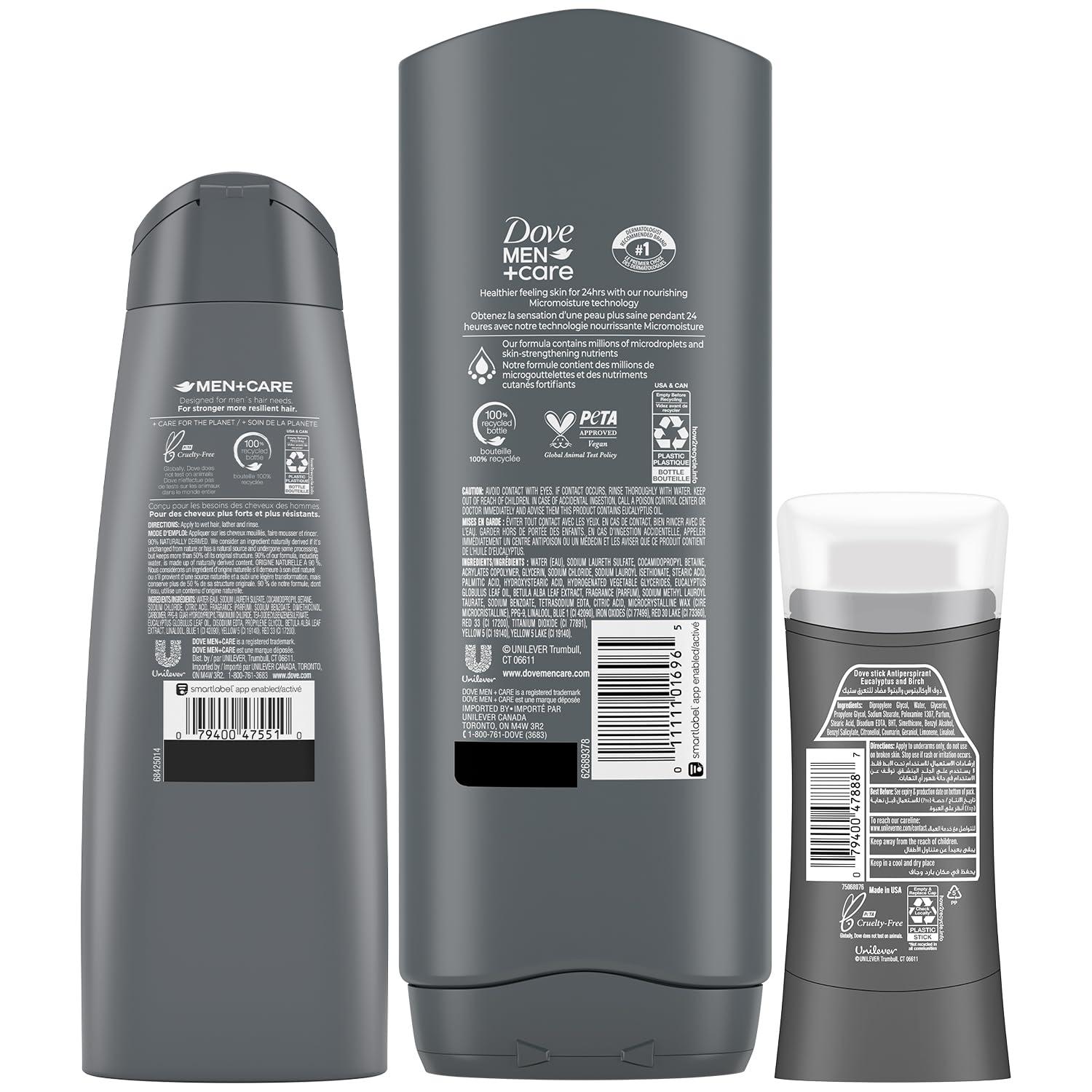Dove Men + Care Bundle – Blue Eucalyptus + Birch Body + Face Wash, 2-in-1 Shampoo + Conditioner & 48H Aluminum-Free Deodorant (3 Piece Set) - Image 3