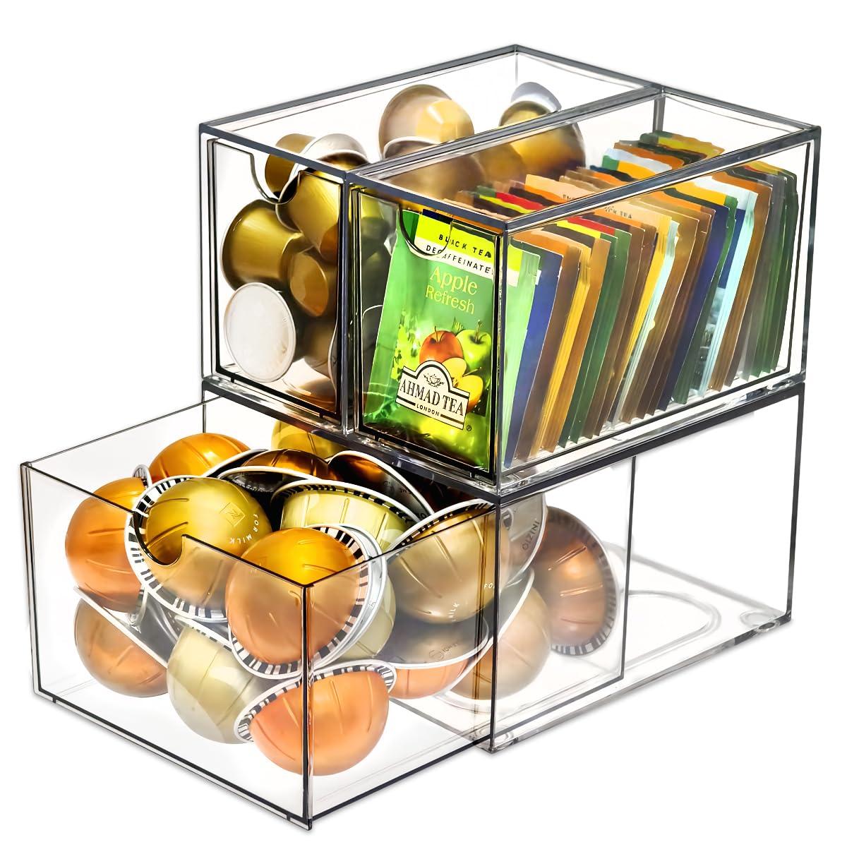 KAIDELI 3 Acrylic Coffee K Cup and Tea Bag Organizer, Coffee Pod Drawer Holders, Stackable Accessories Tea Organizers and Storage for Kitchen Multi Organizers-Clear