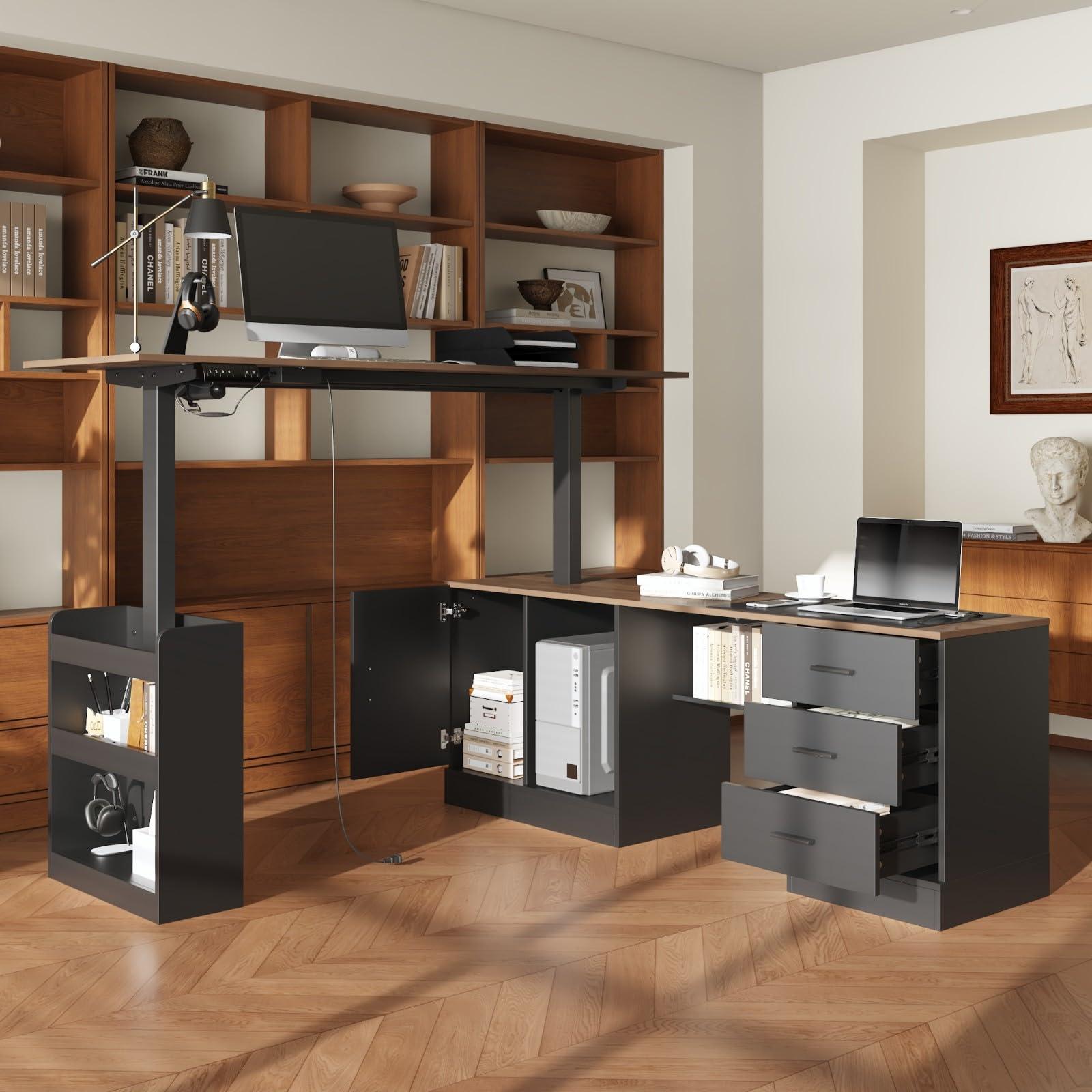 MOUMON Electric Standing Desk with Drawers and Shelves, Executive Adjustable Height Desk, L-Shaped Design, 63 inch Tabletop, for Office Deep Brown and Black (63”W x 63”D x 28.4-45.8”H) - Image 3