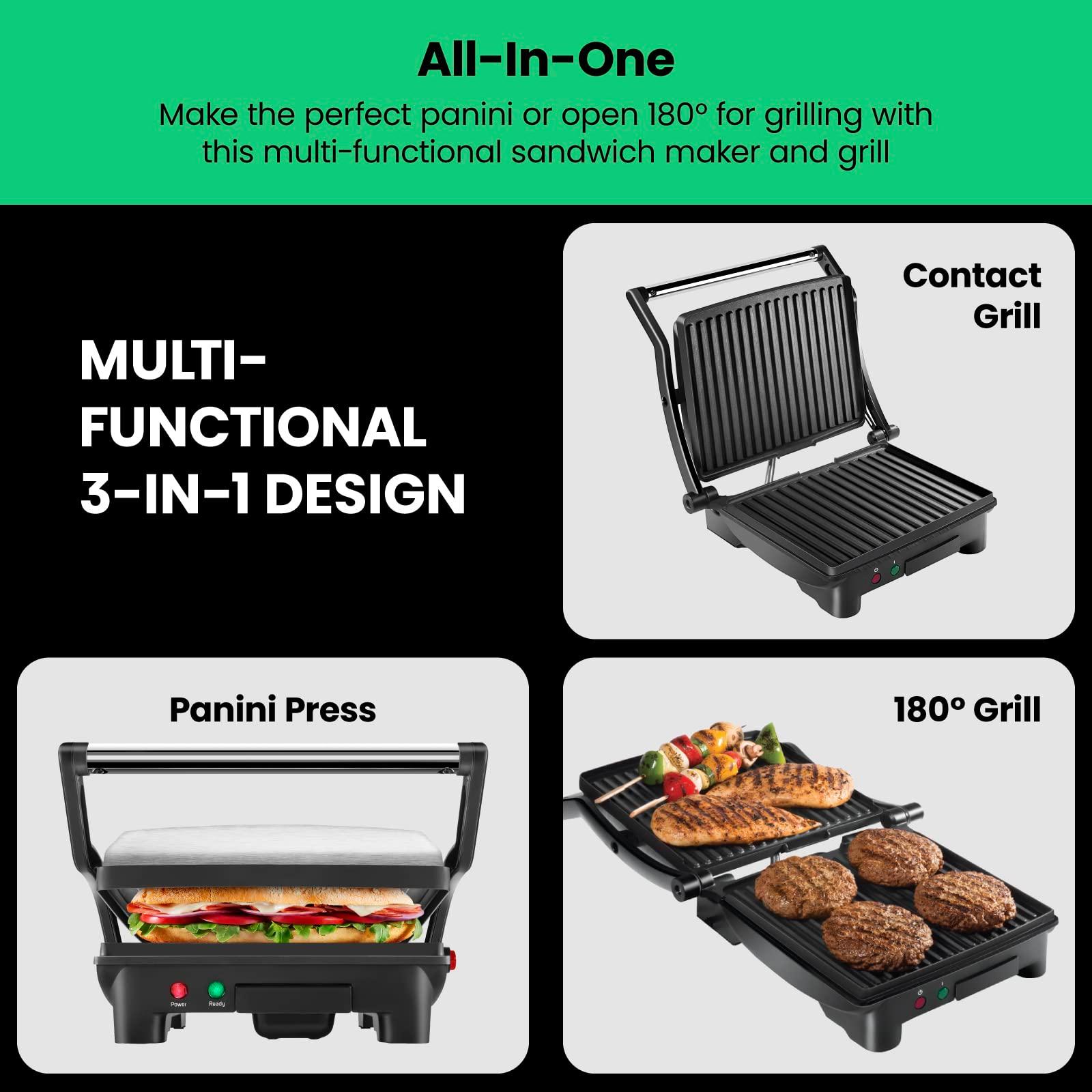 Chefman Panini Press Grill and Gourmet Sandwich Maker Non-Stick Coated Plates, Opens 180 Degrees to Fit Any Type or Size of Food, Stainless Steel Surface and Removable Drip Tray, 4 Slice, Black - Image 5