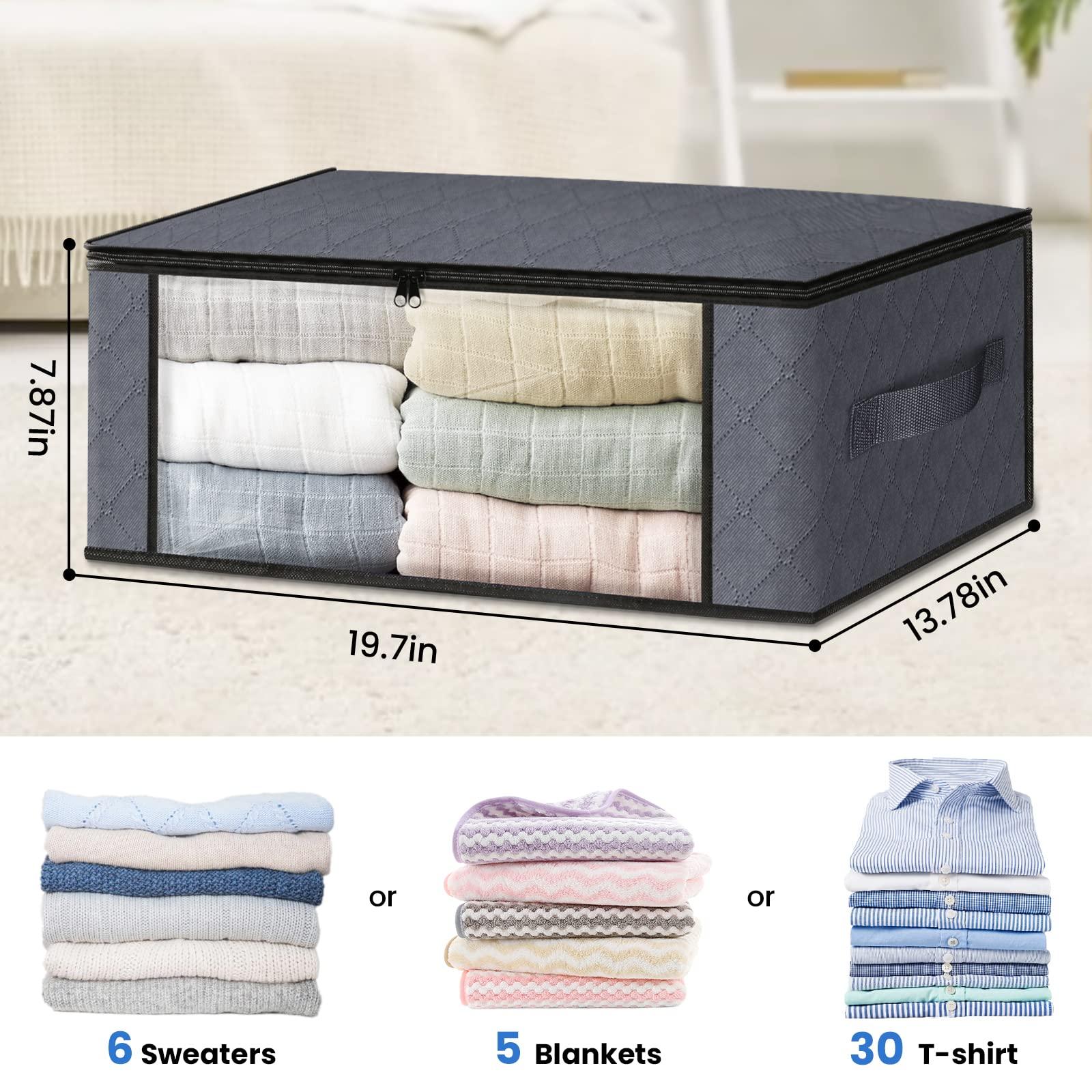 HomeHacks Storage 3-Pack Clothes Organizer Storage Bags Foldable Storage Box with Large Clear Window Sturdy Handles for Closet, Dorm, Pillows, Bedding, Clothes, Blankets, 35L, Gray - Image 3