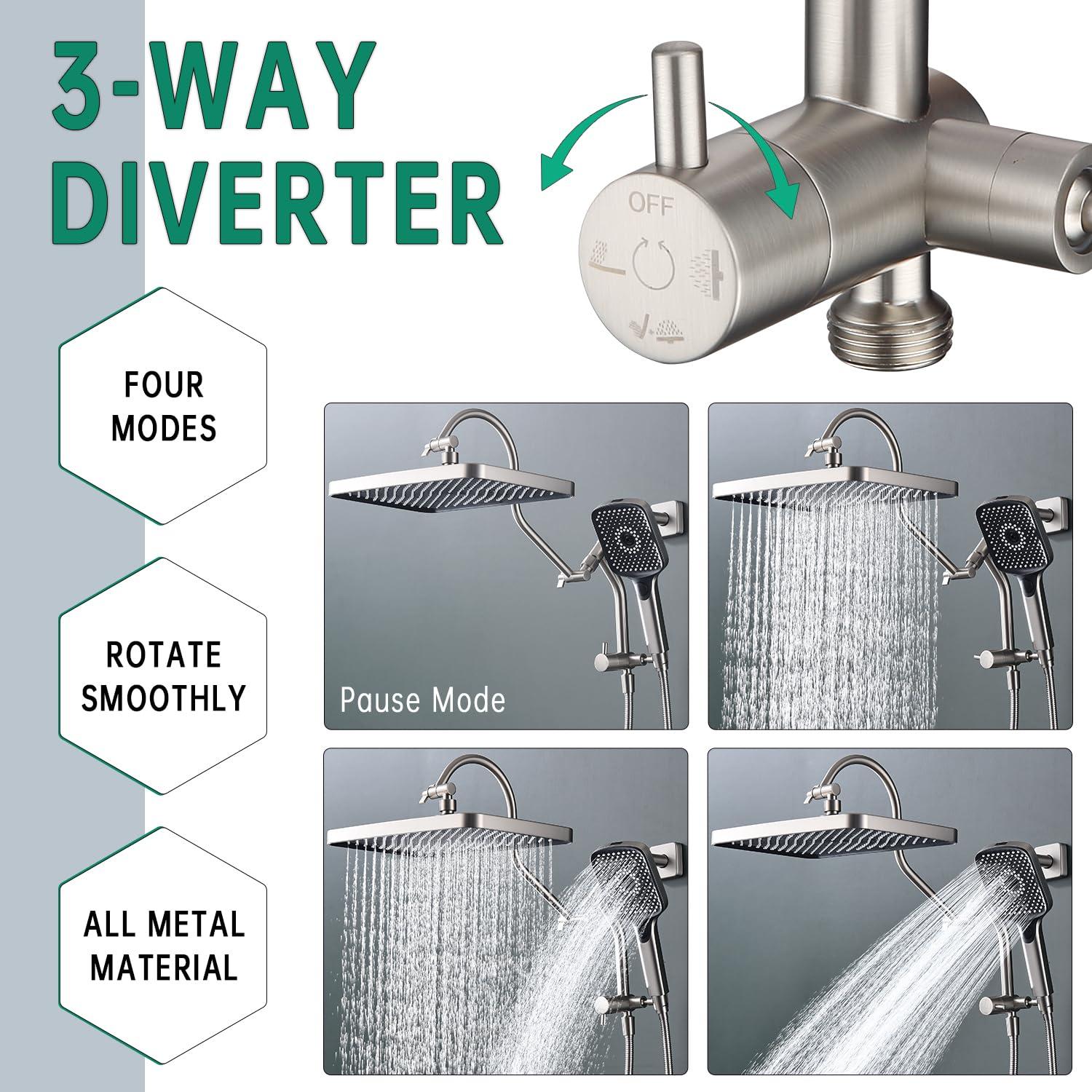 13-Inch Shower Heads with Multi-Function Handheld Sprayer Combo, 3-Way Metal Extended Diverter with Holder and Metal Adjustable Curved Shower Extension Arm, Extra Long Hose Brushed Nickel - Image 4