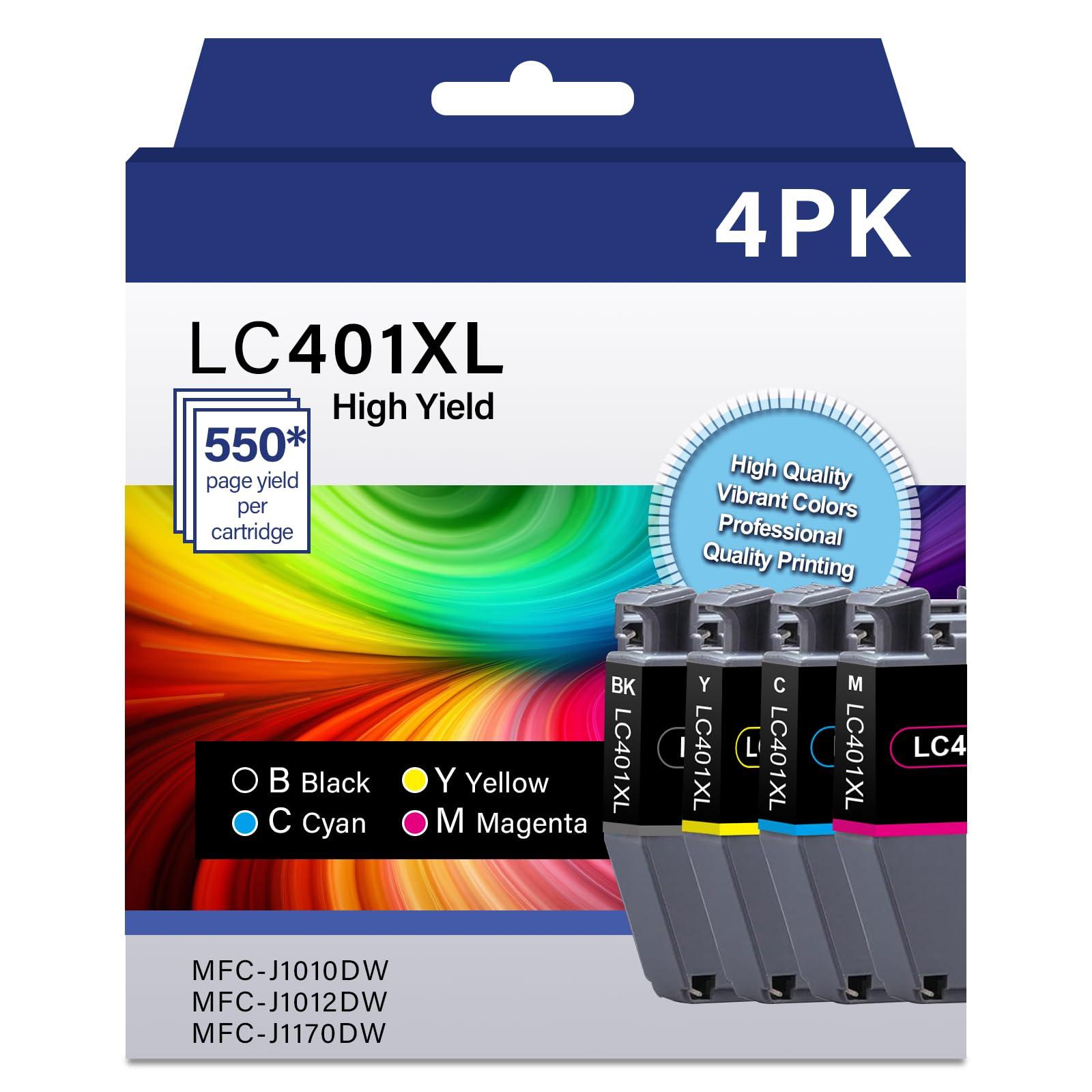 Printer Ink LC401 LC401XL LC 401 MFC-J1010DW Ink Cartridges Replacement for Brother LC 401 XL 401XL Work with Brother Printer with MFC-J1170DW MFC J1010DW MFC-J1012DW (Black, Cyan, Magenta, Yellow)