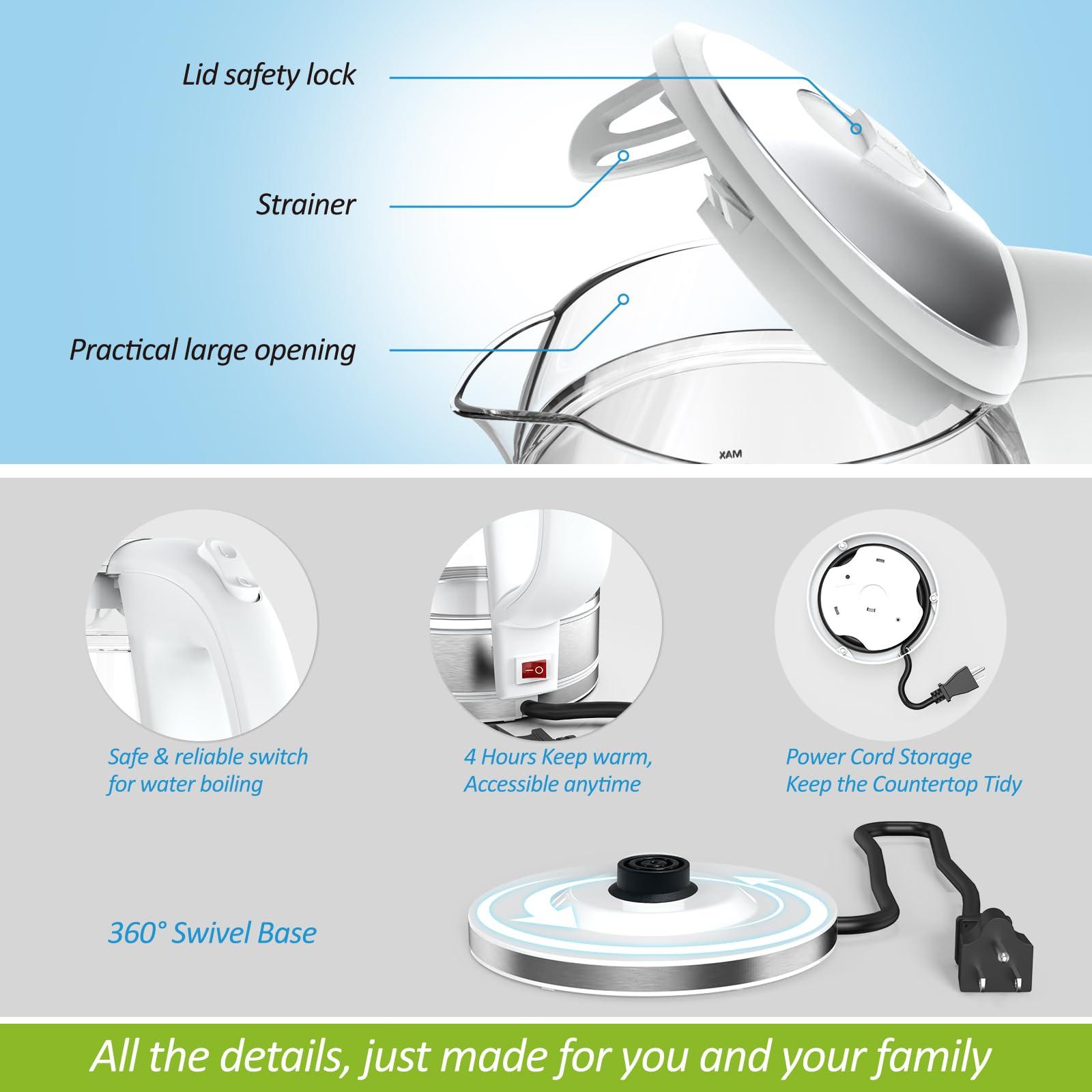NISVITU, Double Glass Stainless Steel Cordless Electric kettle for boiling water, Hot water boiler Electric Tea Kettle automatic shut off Boil-Dry Protection Anti-Scald 1.7L 1500W, White - Image 6