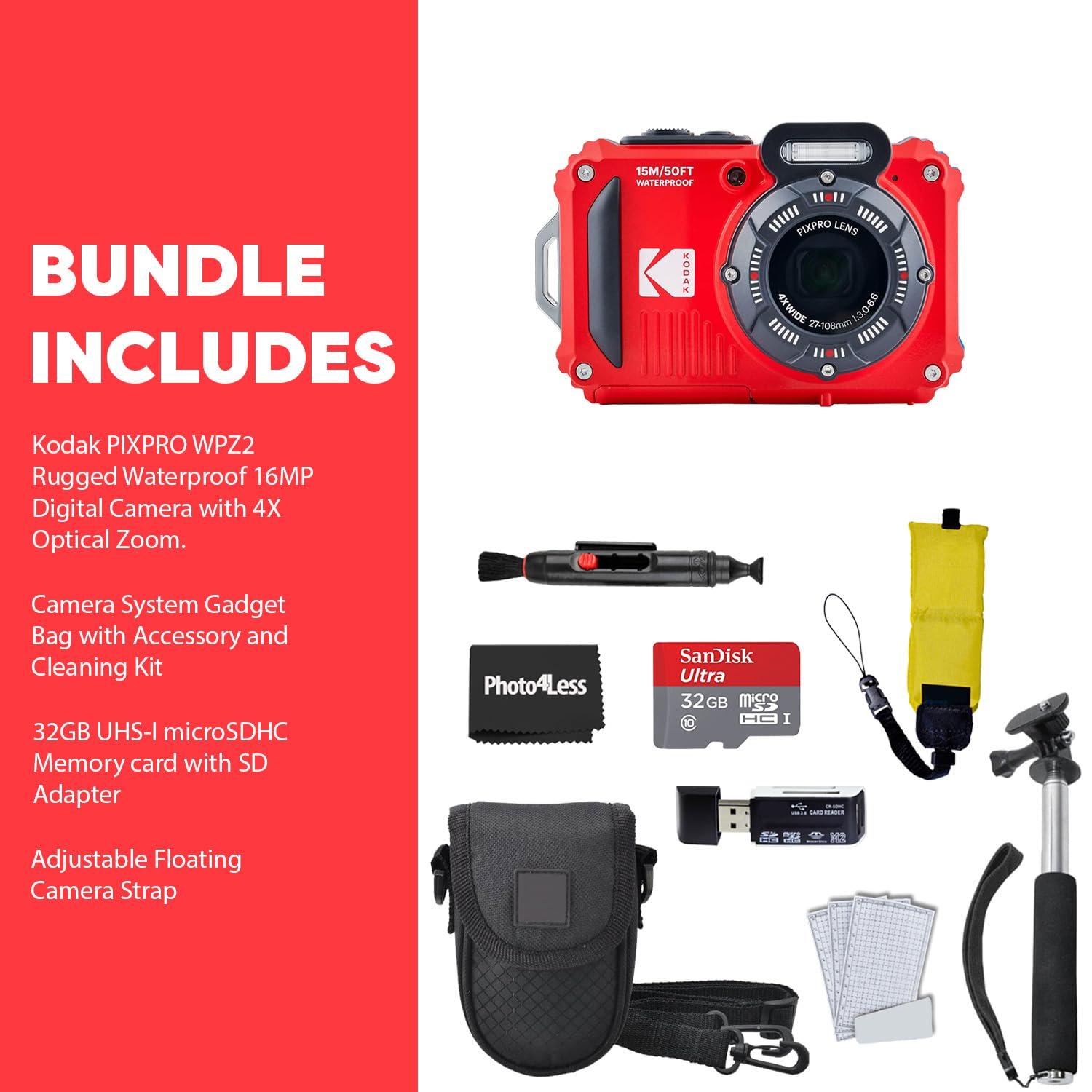 KODAK PIXPRO WPZ2 Rugged Waterproof Digital Camera, Red Bundles with Case, Monopod, Card Reader and More (9 Items) - Image 9