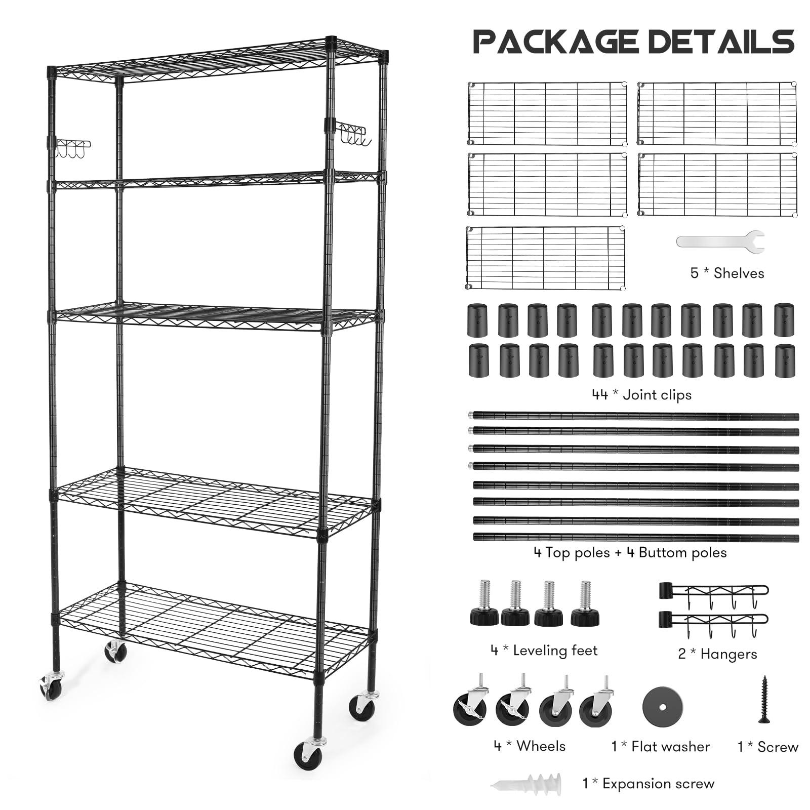 YNN Storage Shelves,1750Lbs 5 Tier Heavy Duty Metal Rolling Shelving Unit with Wheels & 8 Hooks, Adjustable Garage Wire Rack for Kitchen, Bathroom,Industrial,Pantry(36" W x 14" D x 72" H,Black) - Image 8