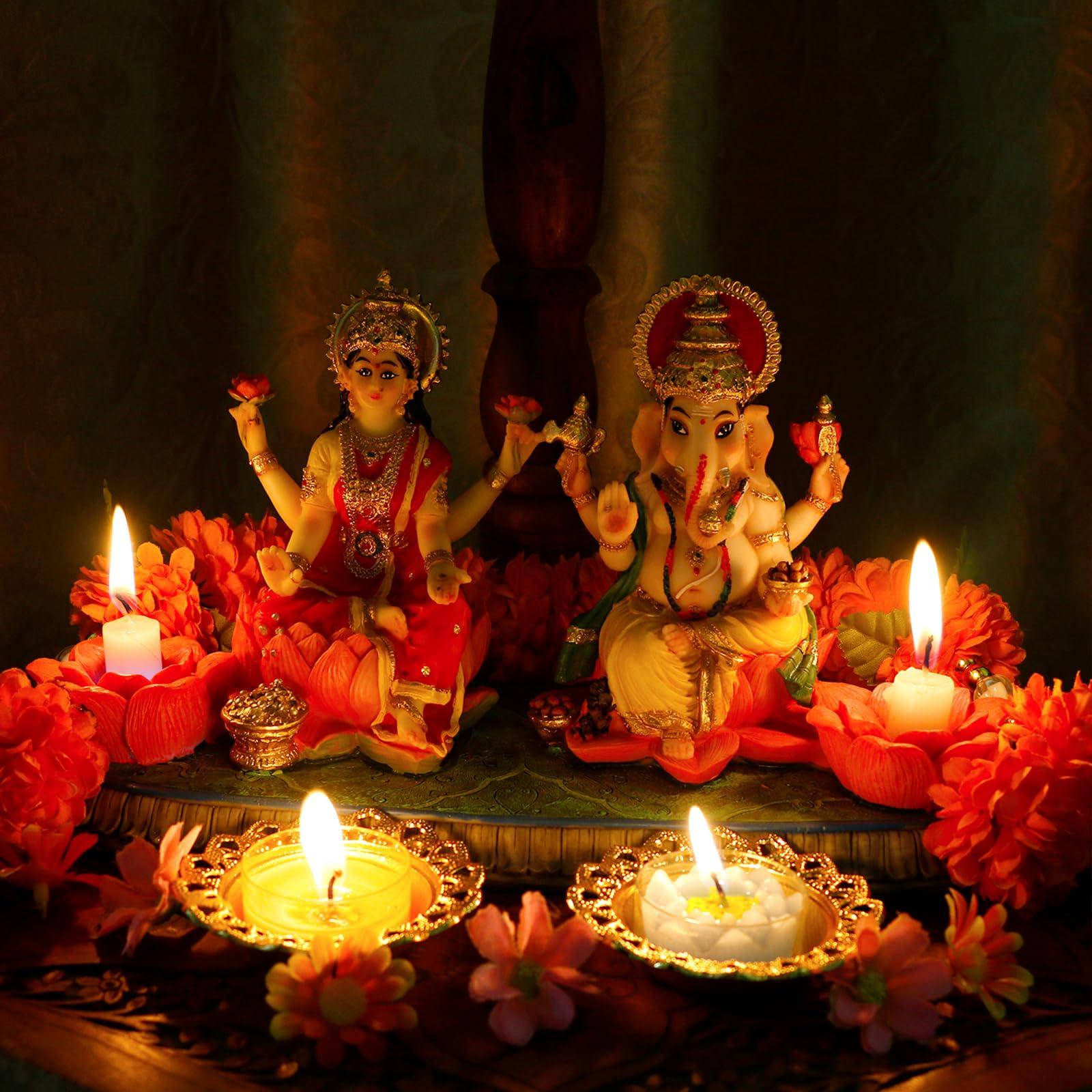 Indian God Ganesha Lakshmi Statue - 5.3”H Indian Idol Laxmi Ganesh with LED Diyas for Diwali Gifts Decor Home Office Mandir Temple Altar Puja Item Hindu Murti Pooja Sculpture - Image 4