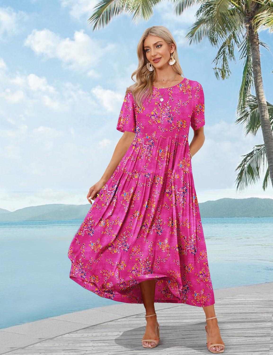 YESNO Women Casual Loose Bohemian Floral Dress with Pockets Short Sleeve Long Maxi Summer Beach Swing Dress EJF - Image 2