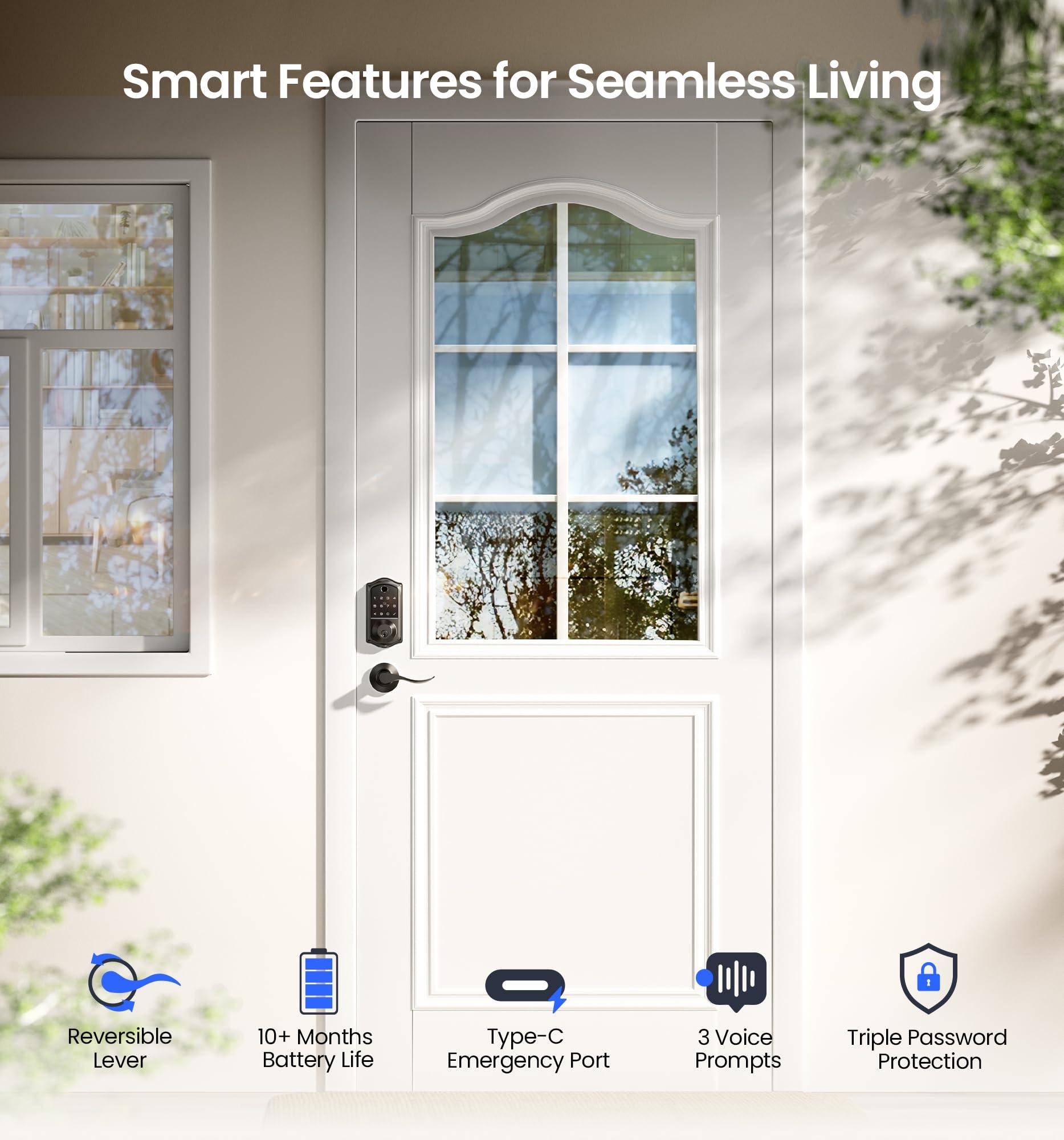 Veise VE017-L Fingerprint Smart Lock with 2 Lever Handles, Keyless Entry Front Door Lock Set, App Control, Electronic Digital Keypad Deadbolt, Easy Installation, Emergency Power Port, Matte Black - Image 5