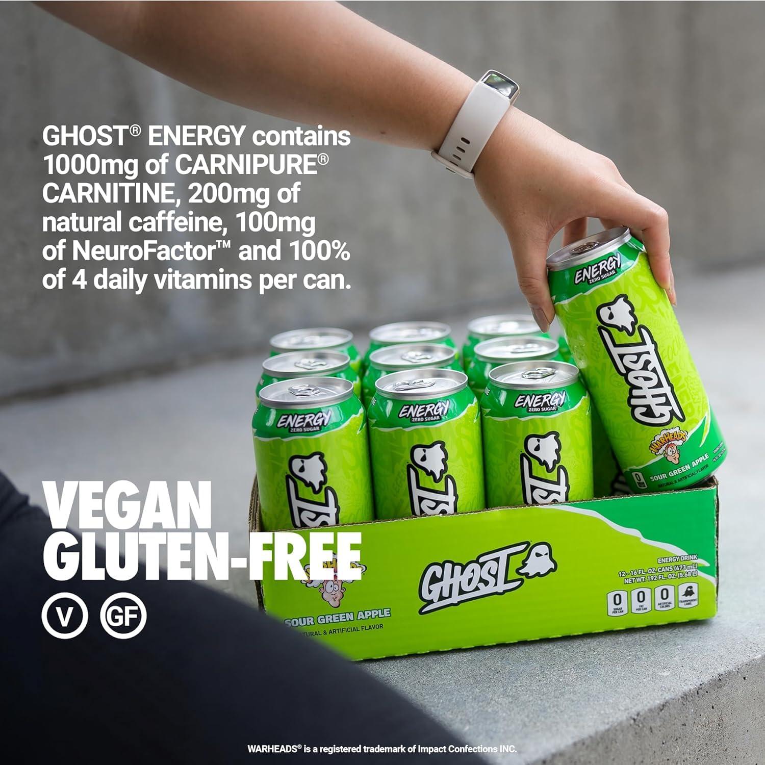 GHOST Energy Drink - 12-Pack, Warheads Sour Green Apple, 16oz - Energy & Focus & No Artificial Colors - 200mg of Natural Caffeine, L-Carnitine & Taurine - Gluten-Free & Vegan - Image 5