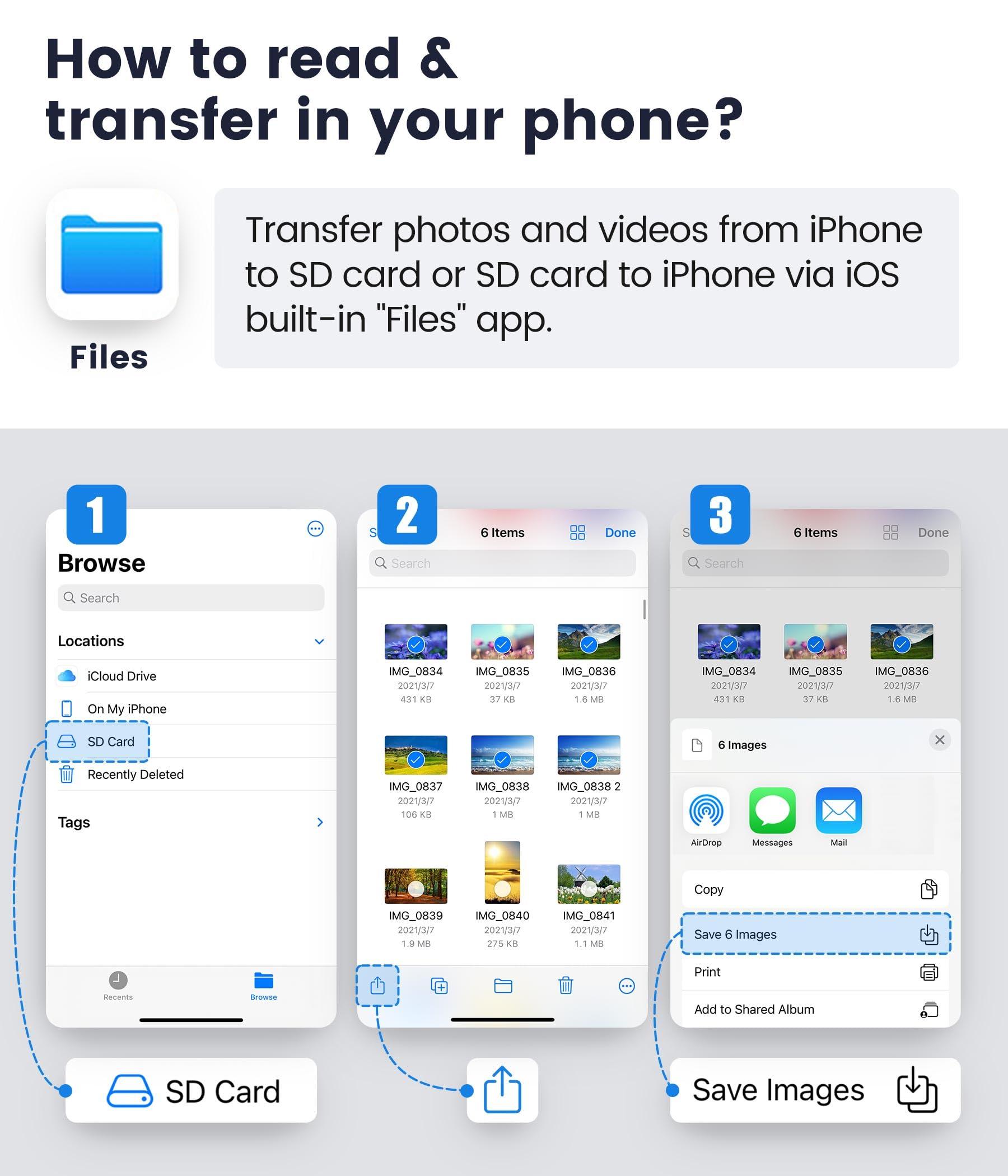 SD Card Reader for iPhone iPad, Oyuiasle Digital Trail Camera SD Card Viewer with Dual Slot for MicroSD/SD, Lightening&USBC Dual-Connector Memory Card Adapter for Photography, Plug and Play - Image 8