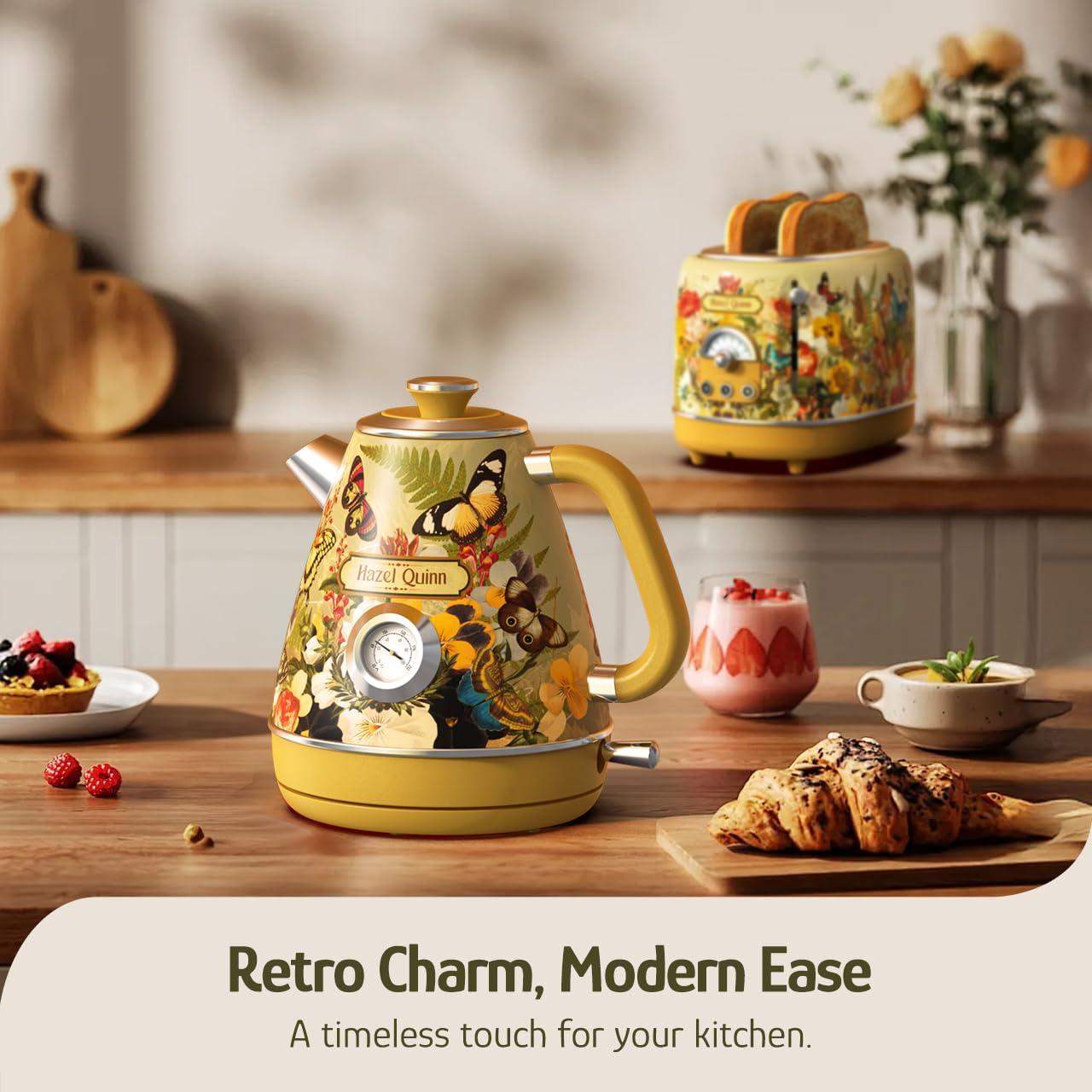 Hazel Quinn Retro Electric Kettle - 1.7L, 1200W Fast Boiling, All Stainless Steel Interior, Cordless, BPA-Free, Auto Shut-Off, Thermometer for Tea & Coffee - Floral Design by Artist Eduardo Recife - Image 3