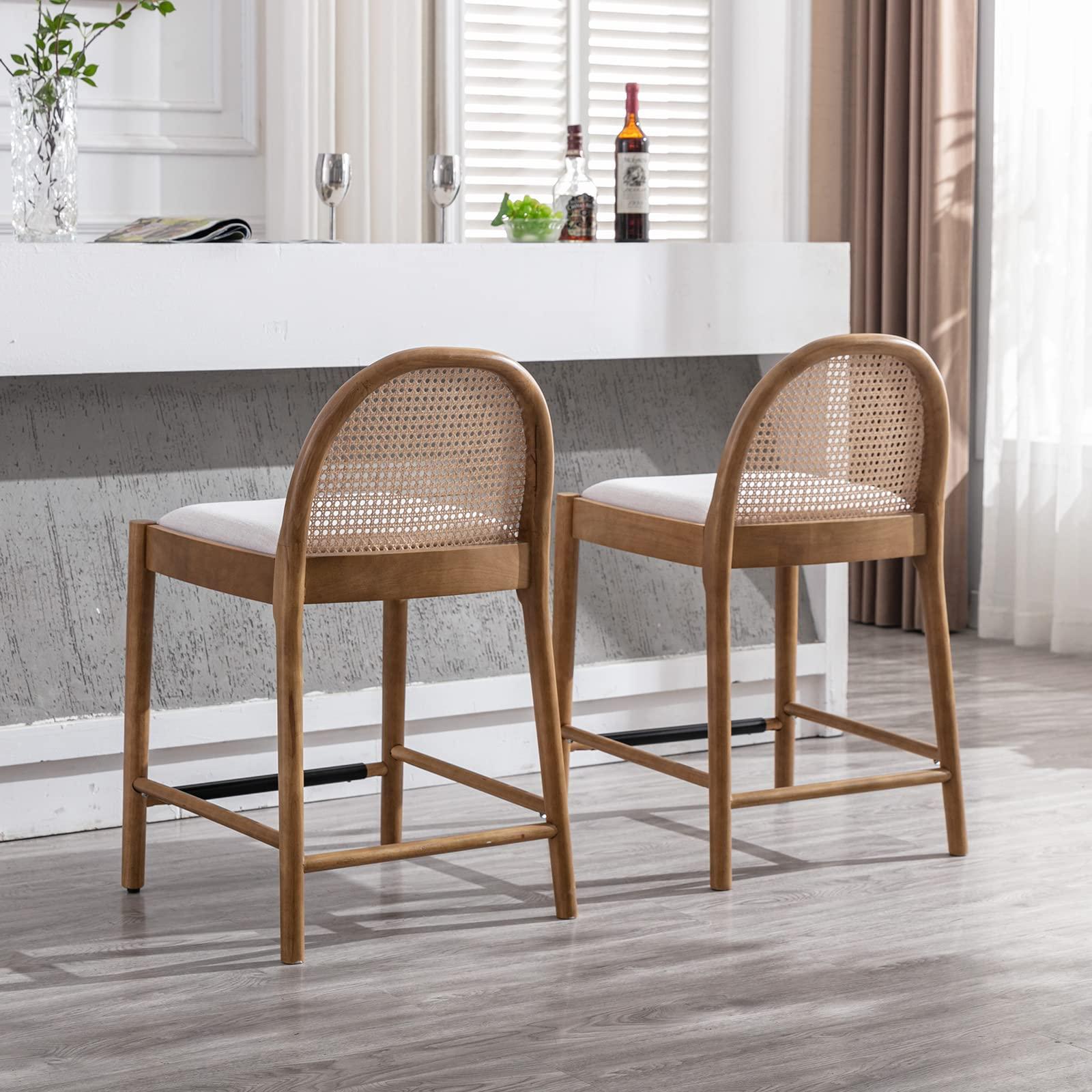 DUOMAY Modern Counter Stools Set of 4, 26 Inch Seat Height Counter Height Barstools Wooden Linen Upholstered Bar Stools with Oval Rattan Backrest Armless Kitchen Island Stool Chair, Beige - Image 9