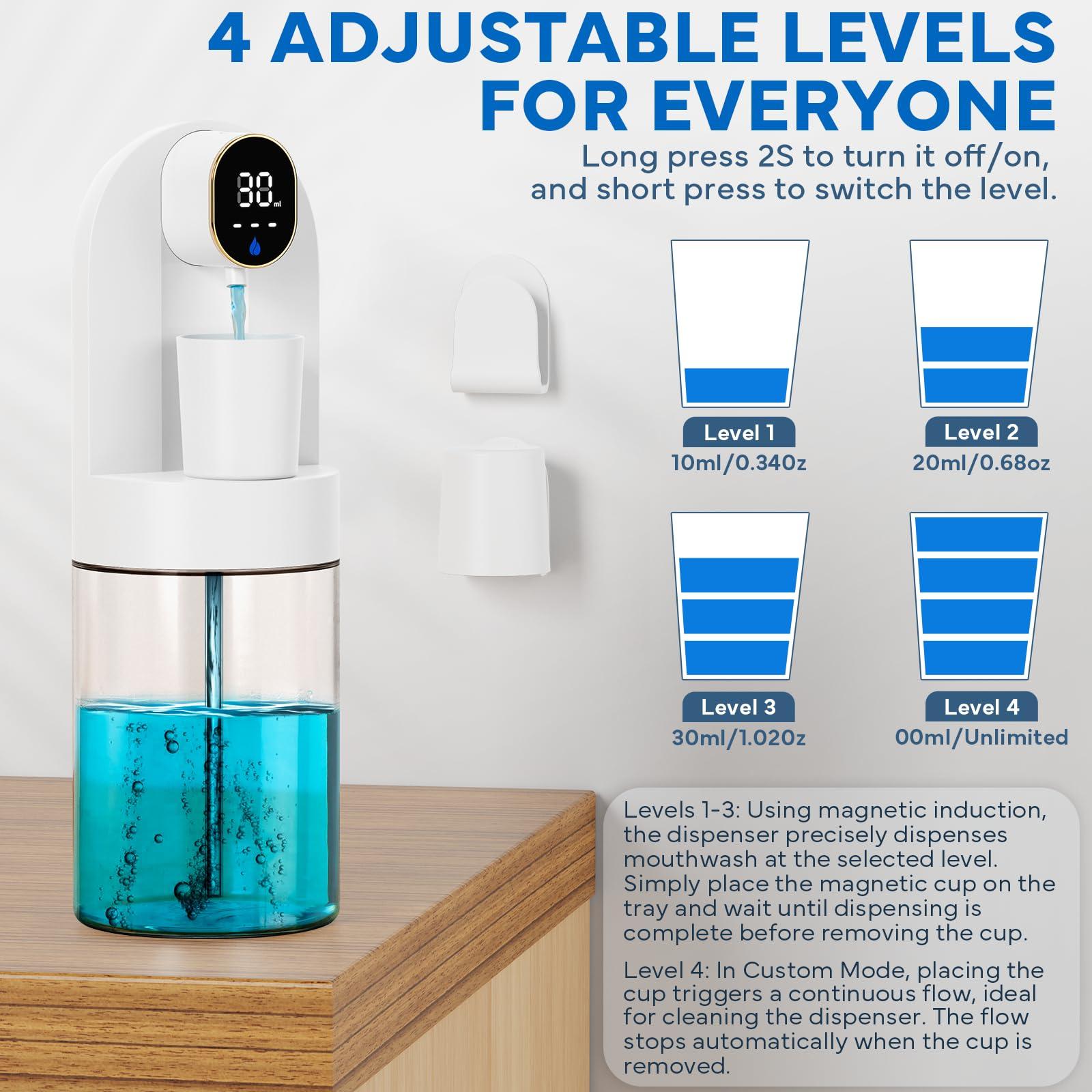Automatic Mouthwash Dispenser for Bathroom, Bathroom Accessories 21.12 oz(600 ml) Touchless Smart Mouth Wash Dispenser with 4 Magnetic Cups &4 Dispensing Levels, Suitable for All Age Groups(White) - Image 4