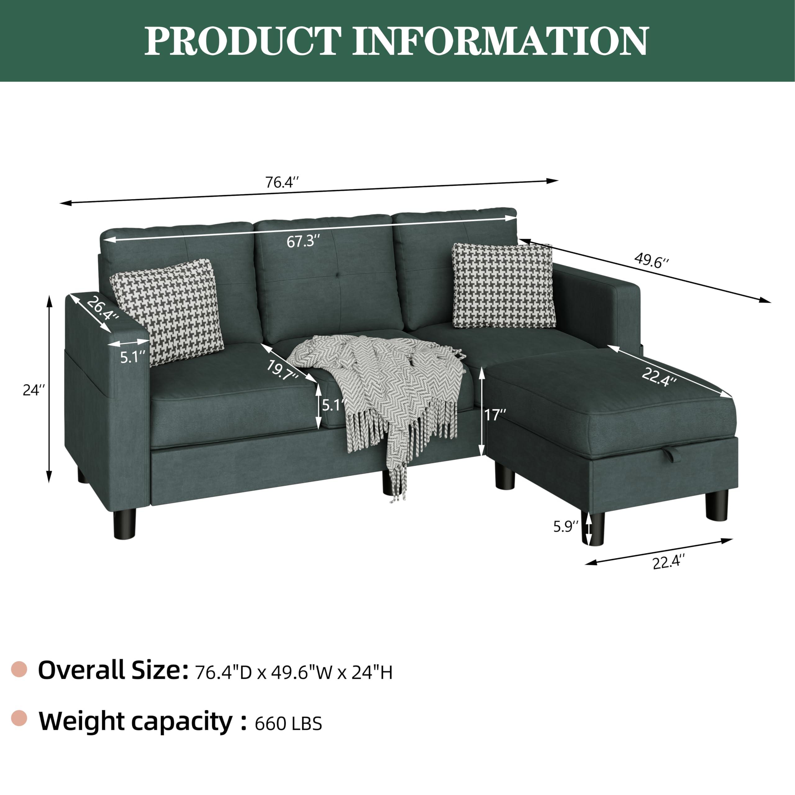 JAMFLY Sectional Sofas Couches for Living Room, L Shaped Couch with Storage Sofa Set, Small Couches for Small Spaces with Movable Ottoman, Dark Grey - Image 2