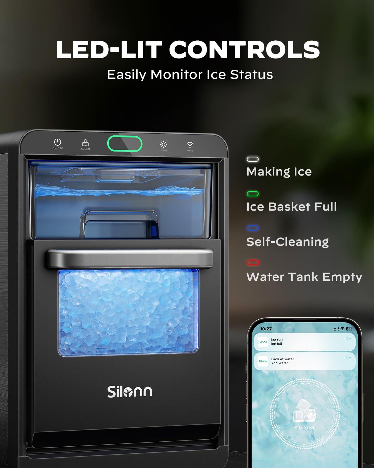 Nugget Ice Maker Countertop - Silonn Smart Pebble Ice Machine, Pellet Ice 44 lbs per Day, Crushed Ice from Timer Function and Status Alerts with Silonn App, Stainless Steel - Image 5