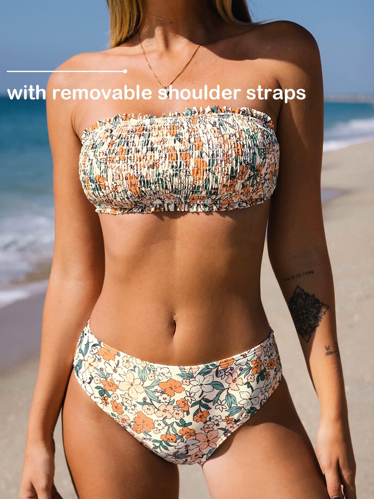 CUPSHE Bikini Set for Women Two Piece Swimsuit Bandeau Top Back Tie Mid Waisted Bottom with Removable Shoulder Straps - Image 2