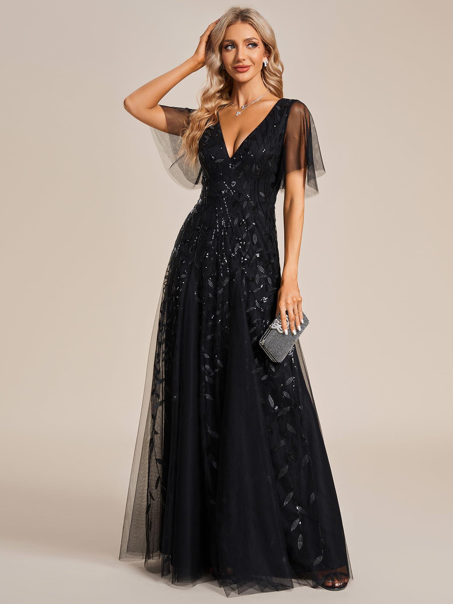 Ever-Pretty Women's Sequin Sparkly V-Neck Short Sleeve Maxi Evening Dress 00734 - Image 3