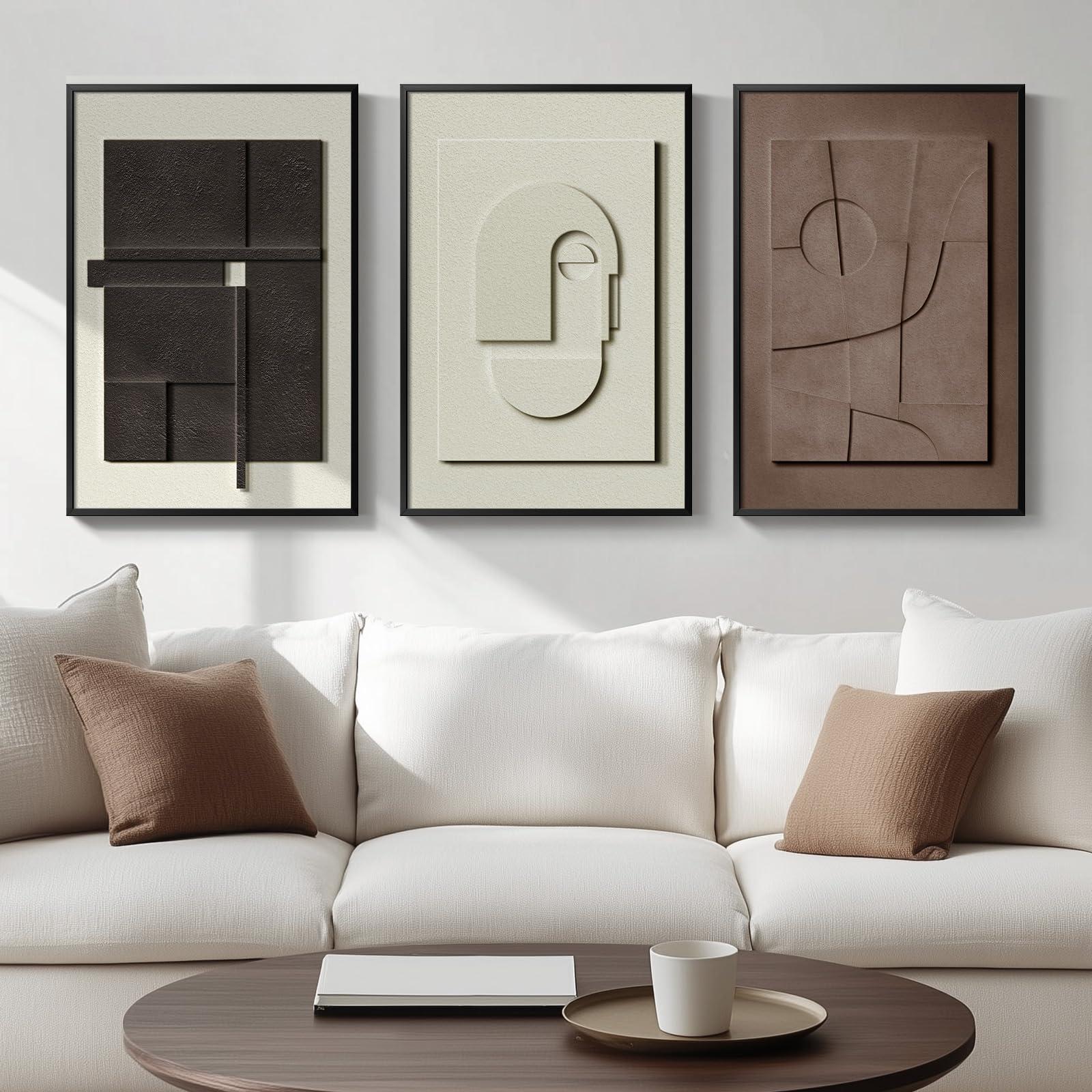 3D Textured Framed Abstract Wall Art, 3 Piece Modern Paintings Artwork for Walls, Black White Brown Geometric Sandstone Texture Pictures for Living Room Dining Room Bedroom Office Wall Decor 16x24 In - Image 3