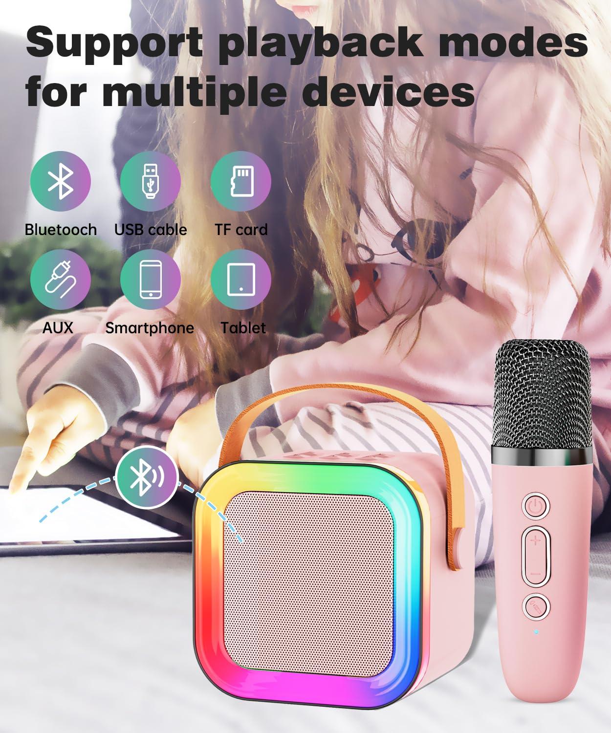 Mini Karaoke Machine Speaker for Kids Adults,Portable Bluetooth with 2 Wireless Microphones,Christmas Birthday Gifts Toys Girls Boys Ages 4, 5, 6,7, 8,9,10,11,12+ Years Old Toddler (Pink - 2 Mic) - Image 4