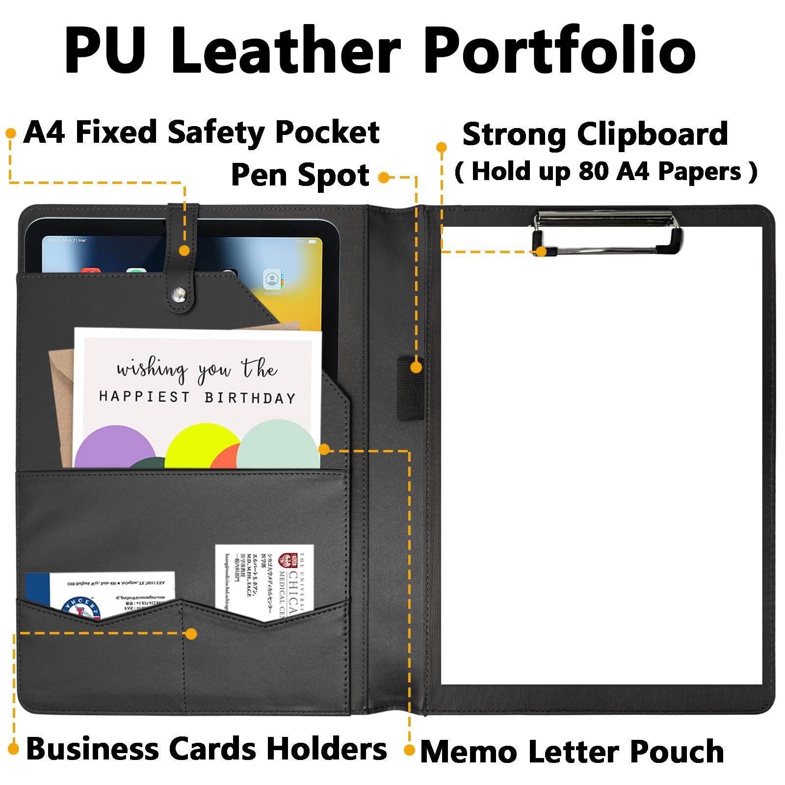 Portfolio Folder Padfolio with A4 Clipboard, PU Leather Portfolio Clipboard Business Binder Writing Clip Board Organizer for Legal Documents Business Card Men Women Black - Image 4